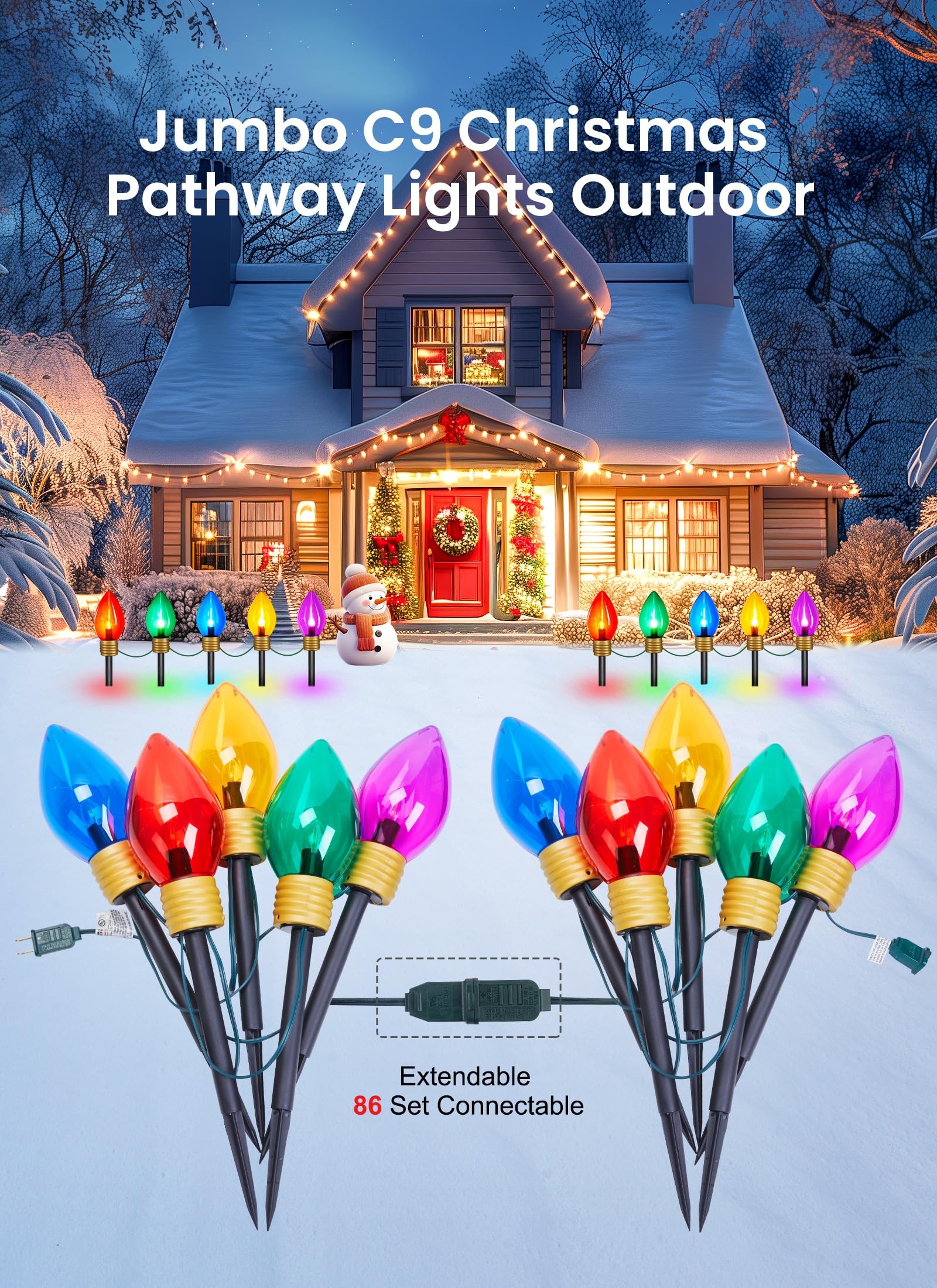 Minetom Christmas Lights Jumbo C9 Outdoor Lawn Decorations, 10.5ft, 4 Pack, Multicolor PVC Bulbs with Pathway Marker Stakes