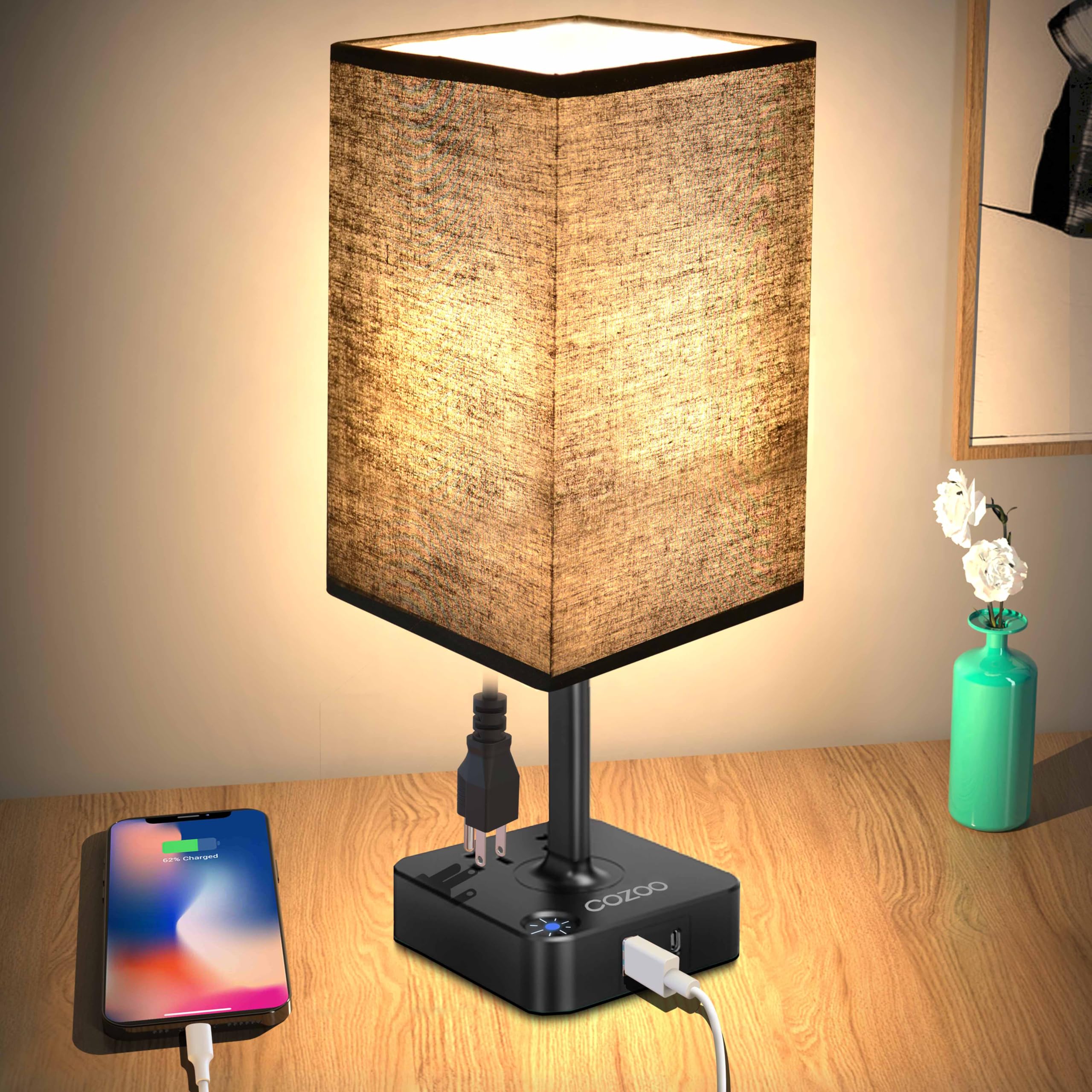 cozoo USB Bedside Table Desk Lamp with 3 USB Ports, 2 Outlets, 5.2inD x 5.2inW x 13.65inH, Black Fabric Shade