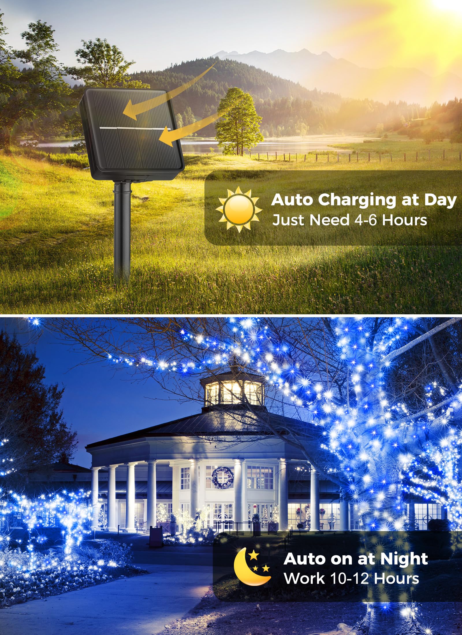 Minetom Solar Christmas Lights Outdoor Waterproof, 2 Pack Total 80Ft 200 Led Solar Lights With 8 Modes, Solar Christmas Outdoor Decoration, Solar String Lights For Outside House Tree, Blue& Pure White