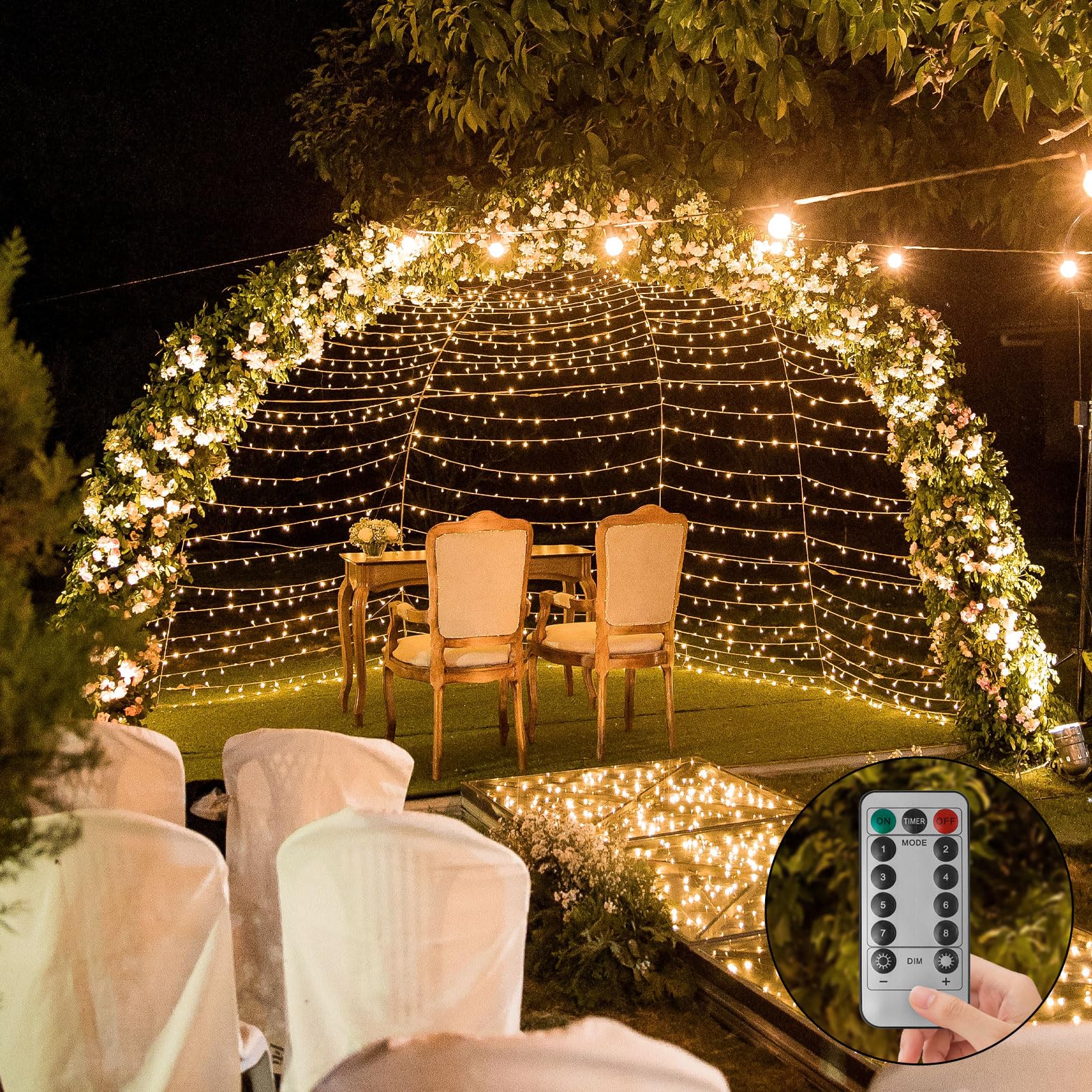 Filltown Battery Operated String Lights, 33Ft 100 LED Warm White, Green Wire, Remote Control, Waterproof, 8 Modes, Model DBL-170-100