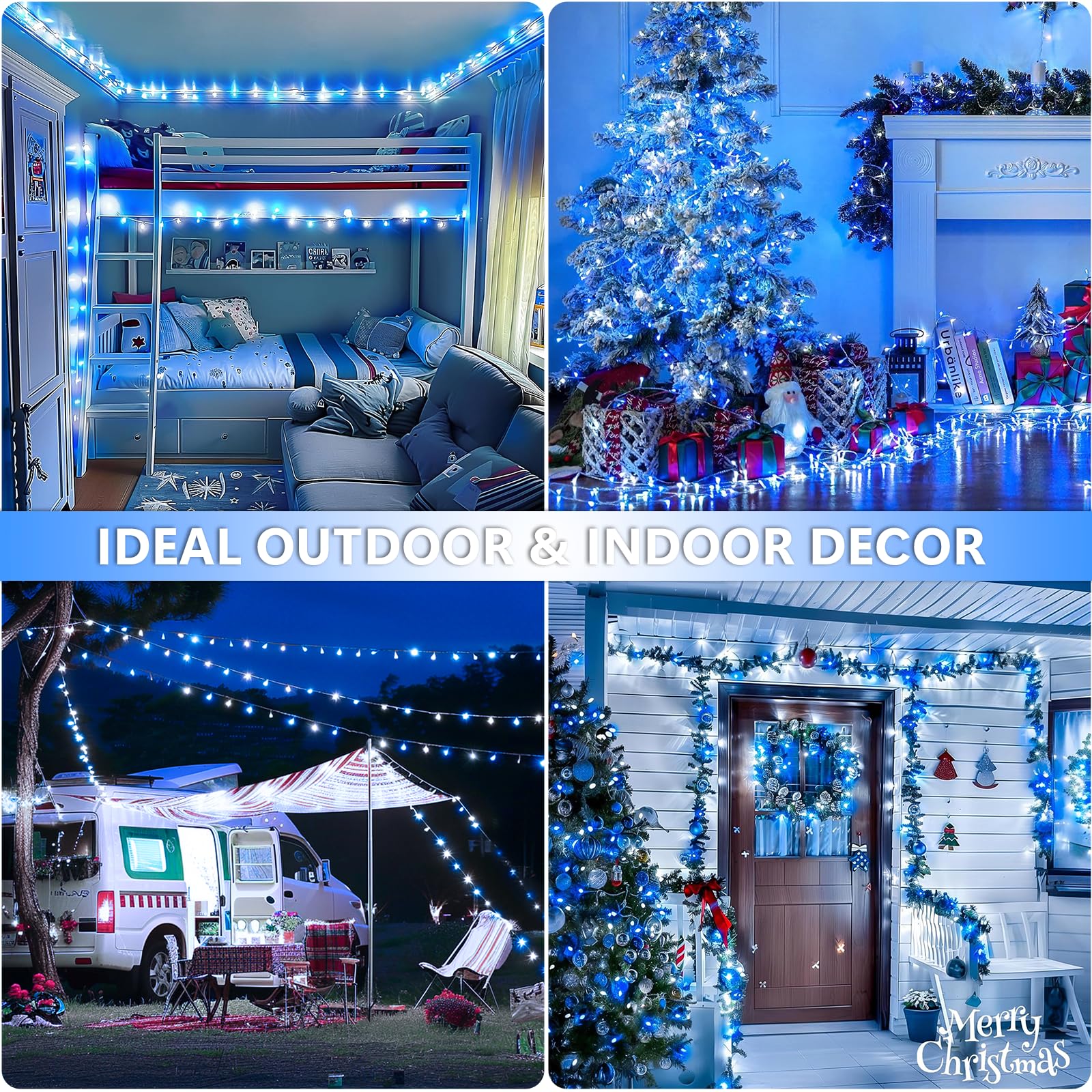POTIVE LED Outdoor String Lights - 66ft, 200 LED, Blue and White, 8 Modes, Waterproof Christmas Fairy Lights for Party, Wedding, Patio