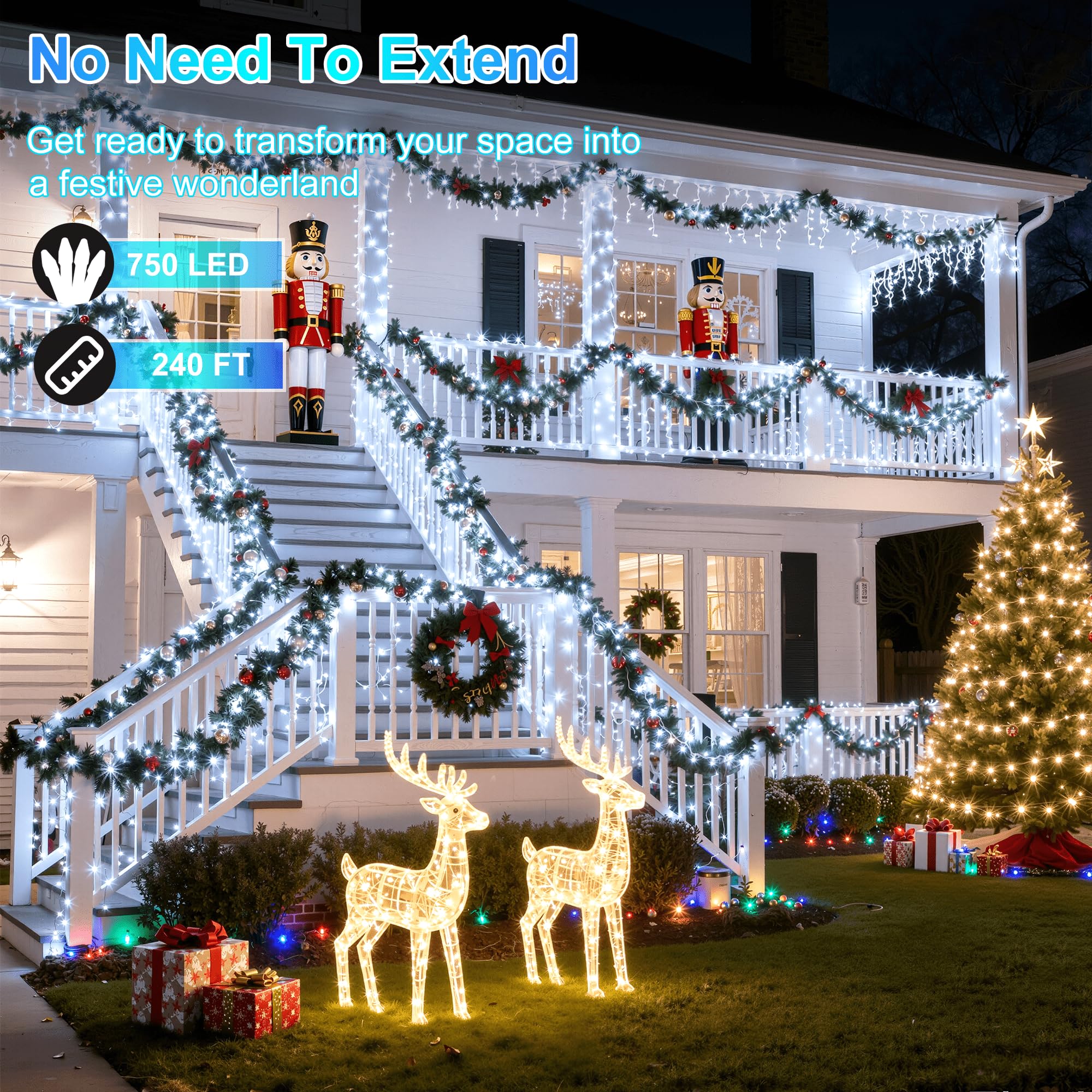 750Led Christmas Lights Outdoor Use  240Ft 12 Modes Cool White Led String Lights With Timer Dimmable  Waterproof Christmas Tree Lights For Xmas Patio Yard Fence Balcony Garden Decor Cool White