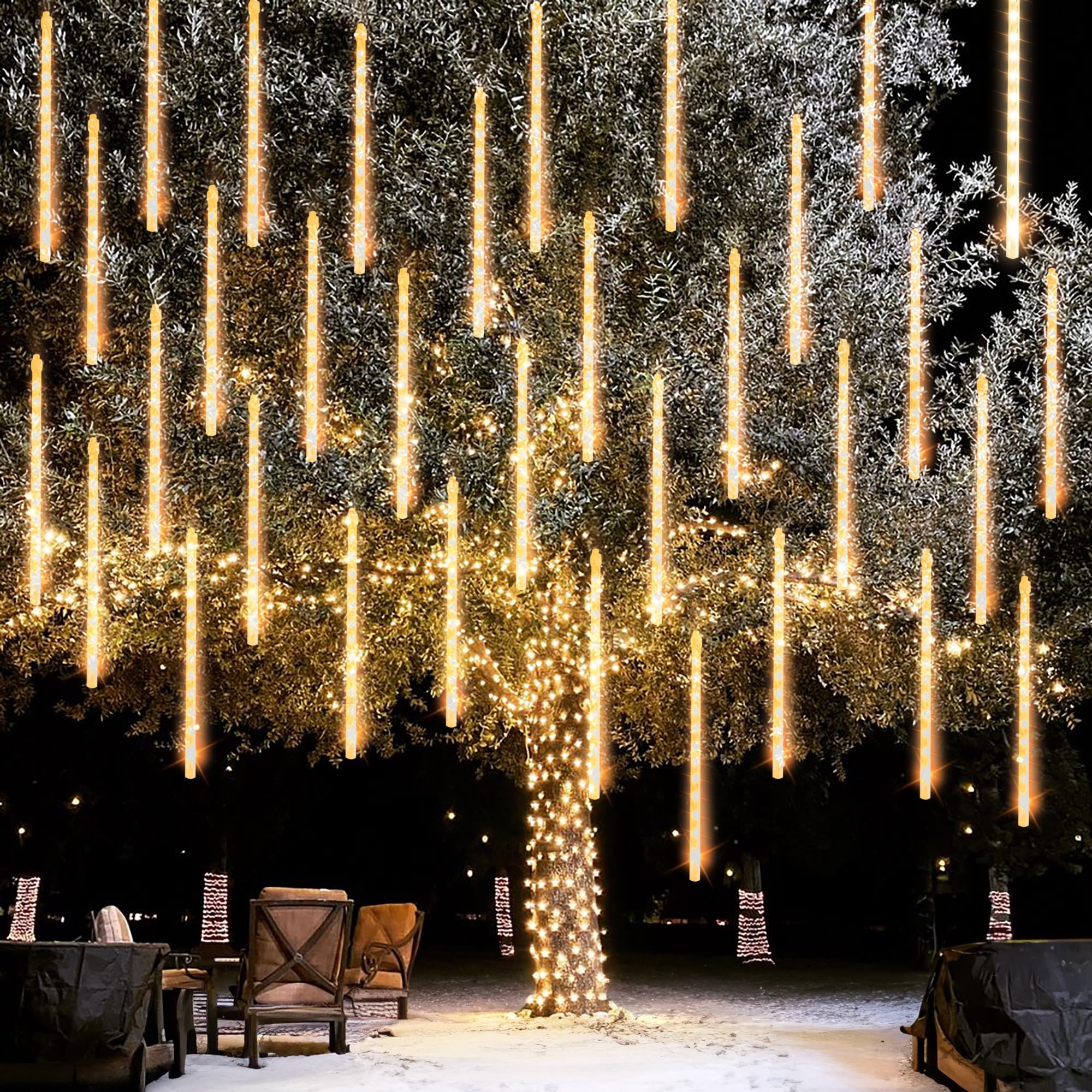 Dazzle Bright Outdoor Christmas Lights, 288 LED Meteor Shower, Waterproof Falling Icicle Lights, 12 Inch, Warm White, Model HB-300COI