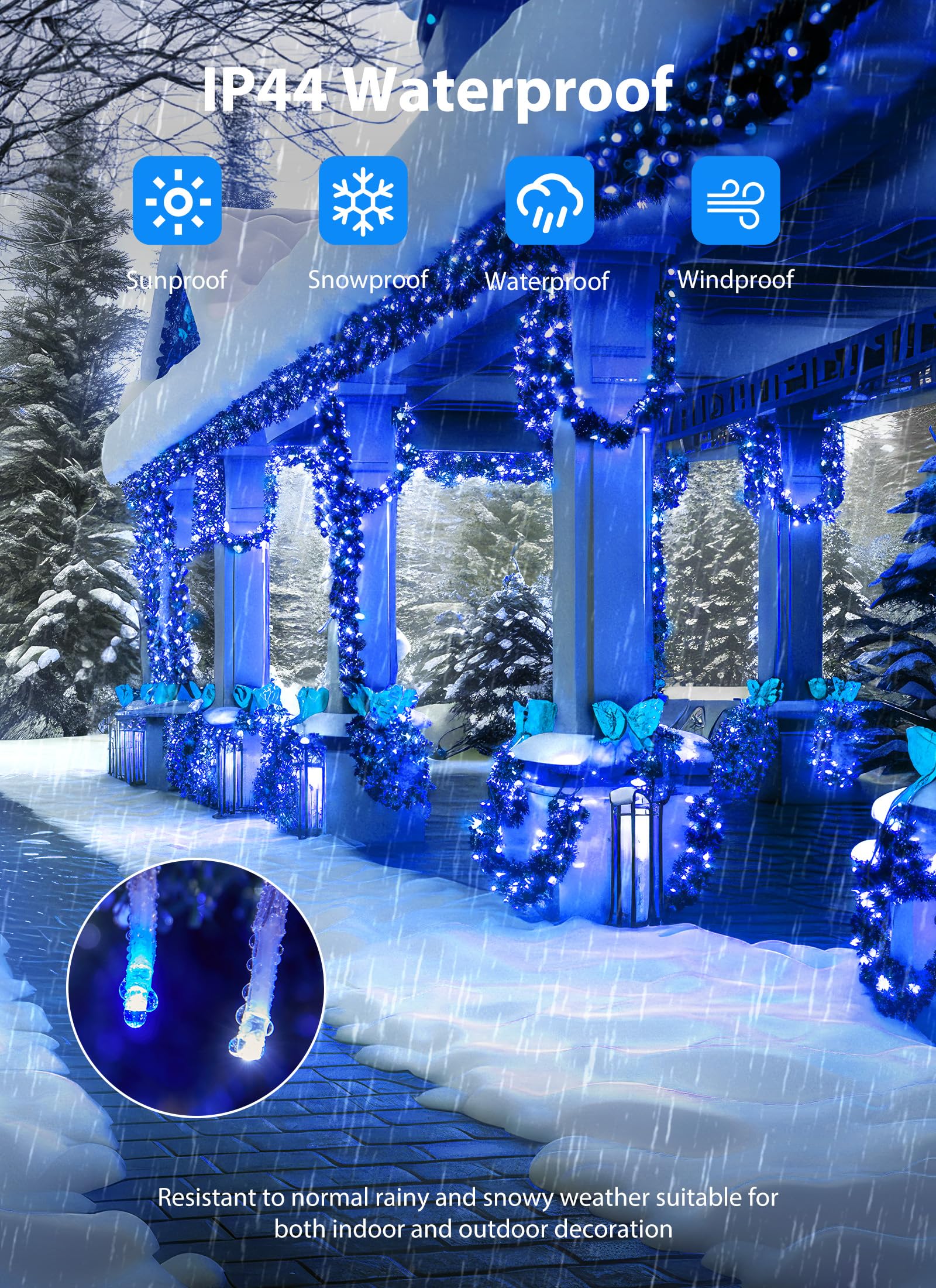 Minetom Christmas Lights - 200 LED Outdoor String Lights, 10FT, Blue & Cool White, 12 Modes, Waterproof, Connectable