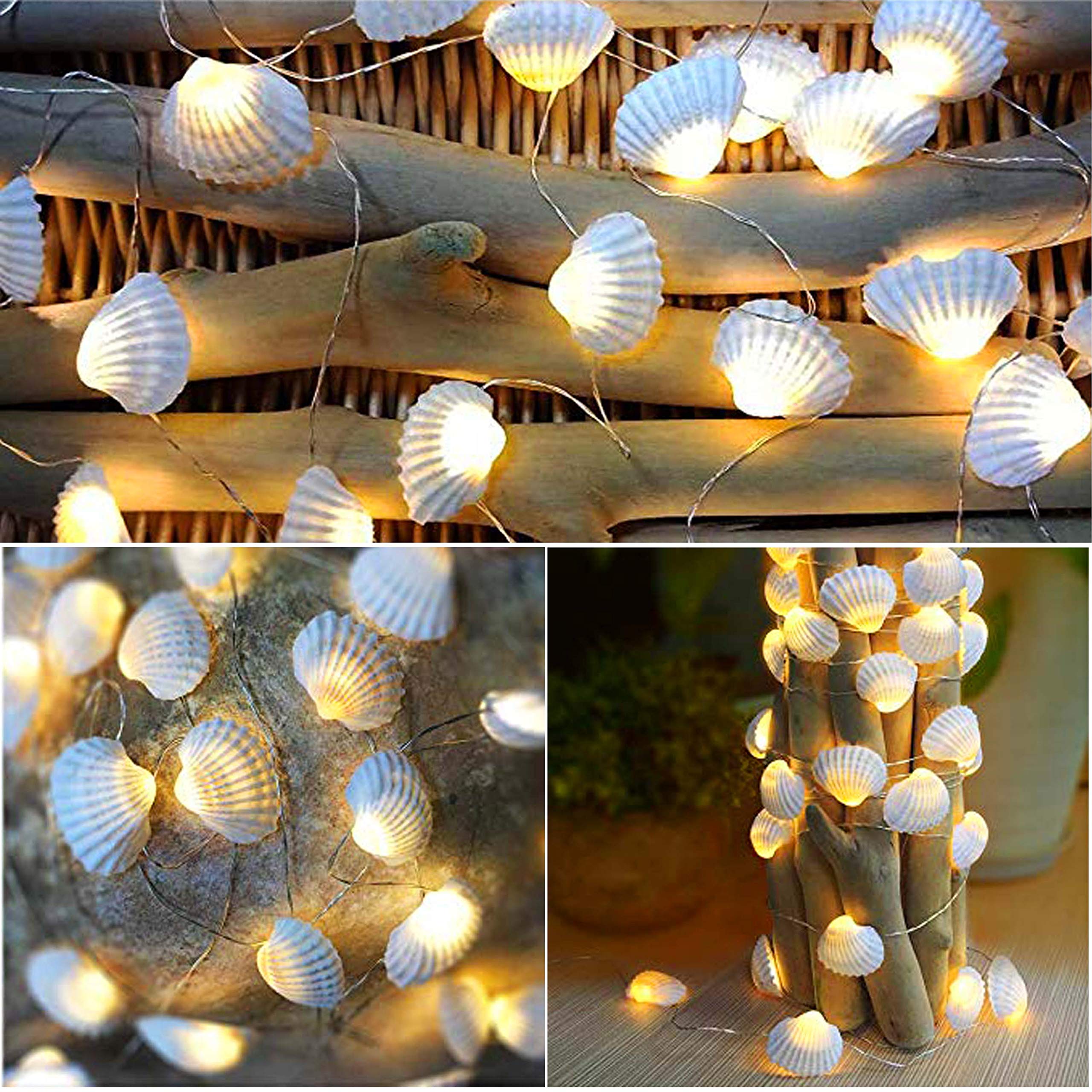 Decorman Natural Seashell String Lights 13.2ft 40 LED 8 Modes Warm White Weatherproof Battery Operated Ocean Theme Lights for Bedrooms Parties Weddings Gardens with Remote and Timer (Natural Shell)