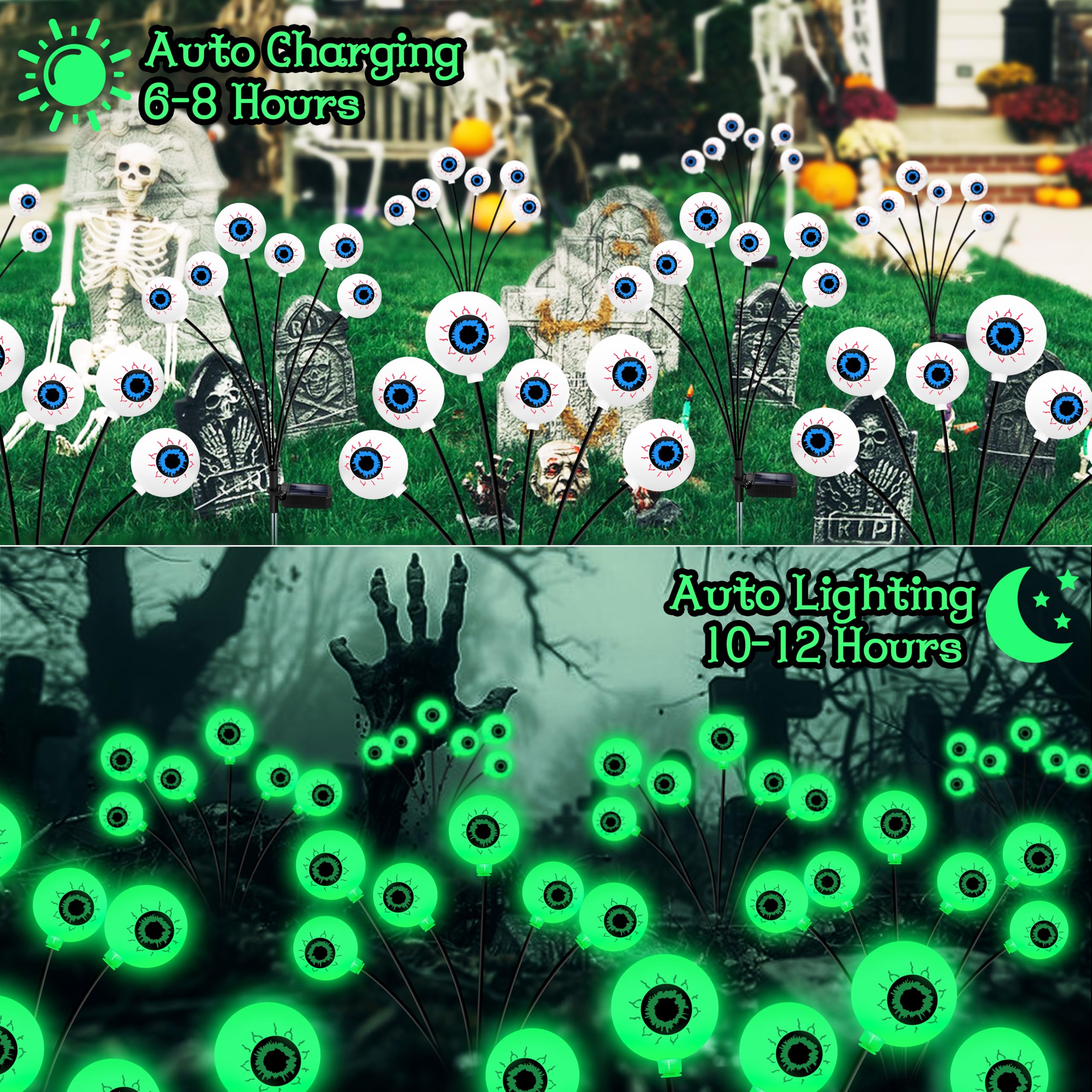 Kohlrabi Halloween Outdoor Decorations, 4 Pack 24 Led Green Eyeball Swaying Lights, Waterproof