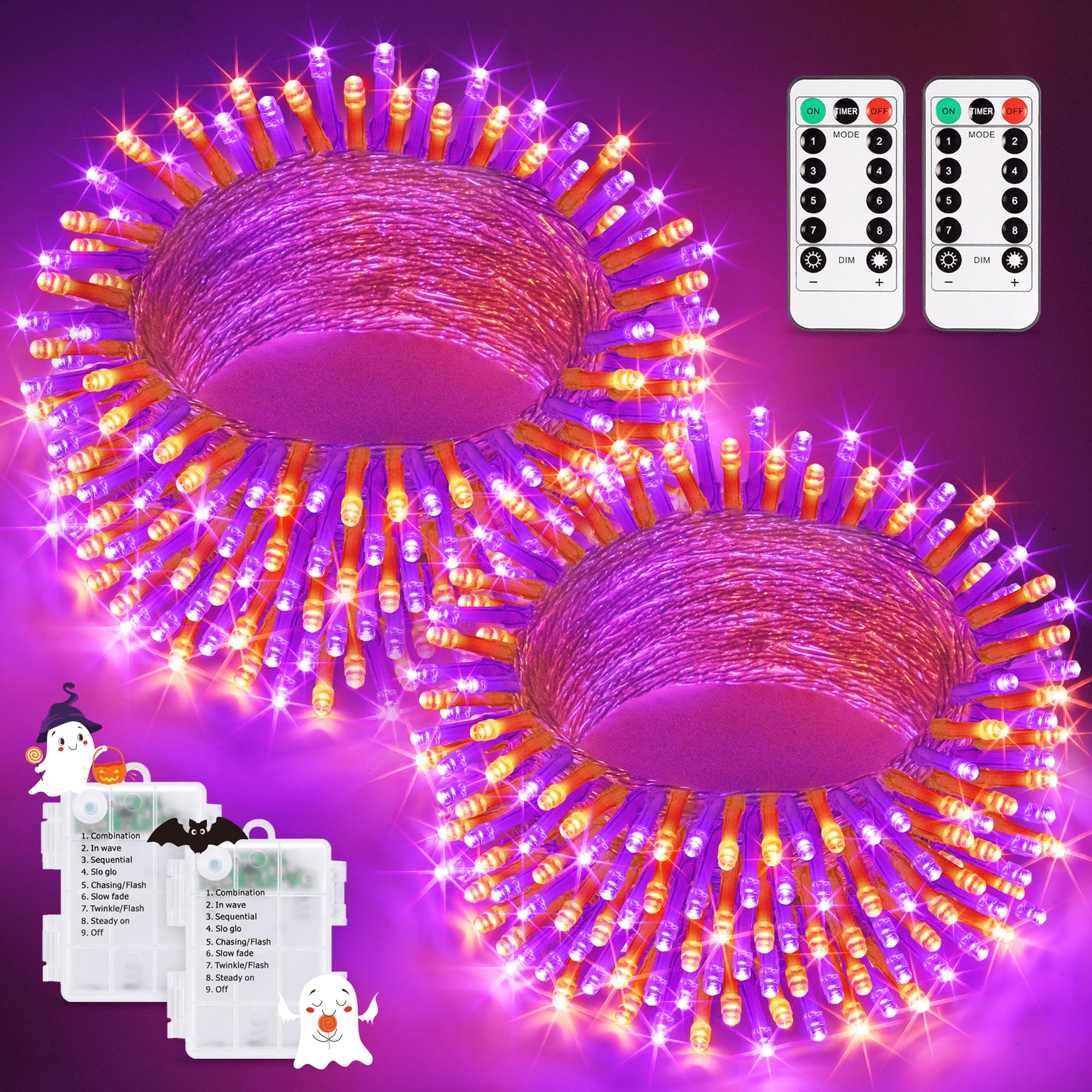 JMEXSUSS Battery Operated String Lights, 33ft 100 LED, Orange & Purple, Remote Control, Indoor/Outdoor, 2 Pack