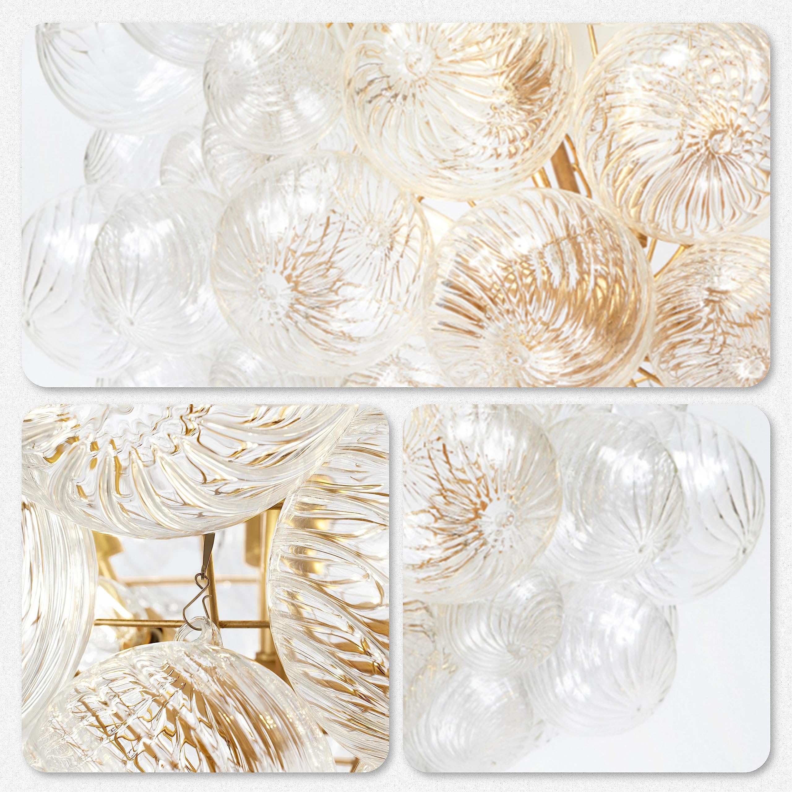 Longree Mid Century Bubble Ball Swirled Glass Chandelier, 2-Layer Cages Gild Gold And Clear Blown Glass Large Pendant Light Fixt