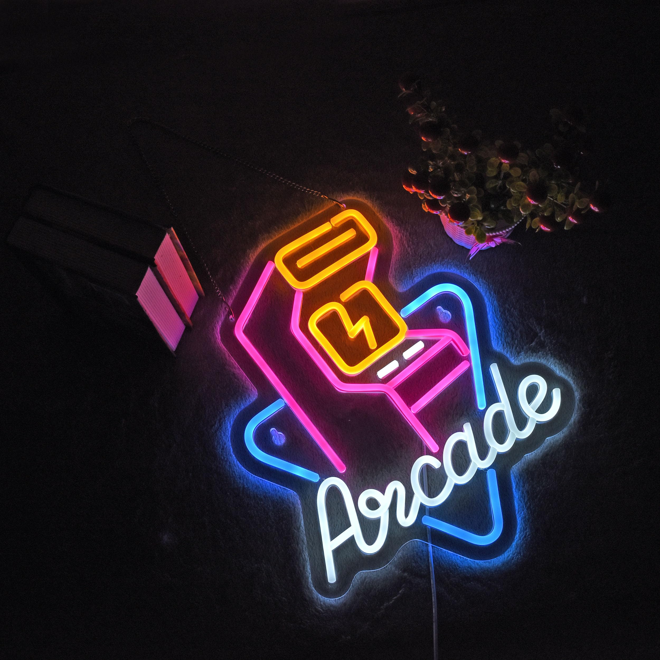 Hoyoelec LED Arcade Neon Sign with Dimmable Switch, 16x13 inches, White/Yellow/Blue/Pink, Decor for Wall Décor