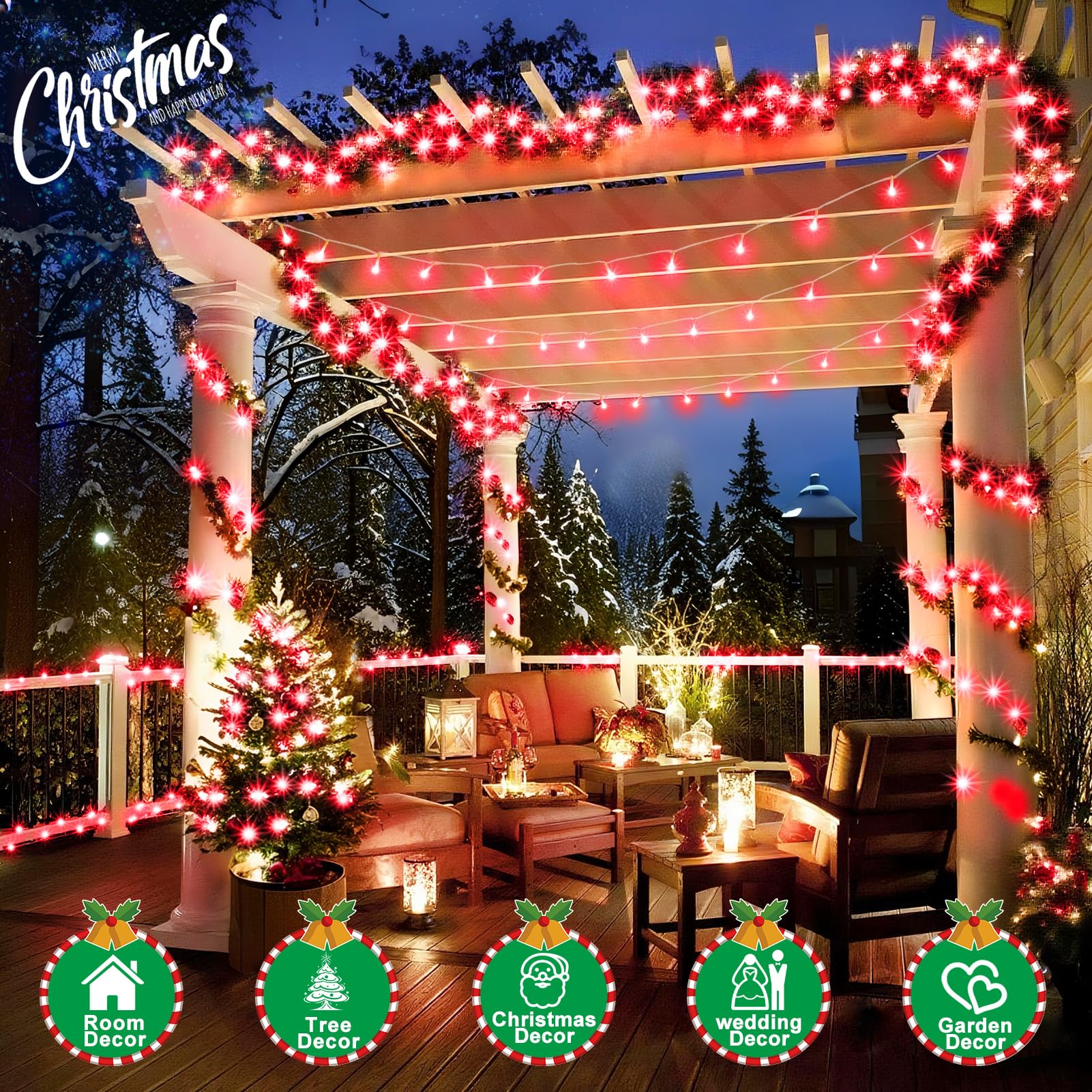 Sauirs 197Ft 500 Led Christmas Lights Outdoor String Lights With 8 Modes Timer Waterproof Fairy Light Plug In For Outside Indoor Party Xmas Palm Tree Yard Wedding Decorations(Red)