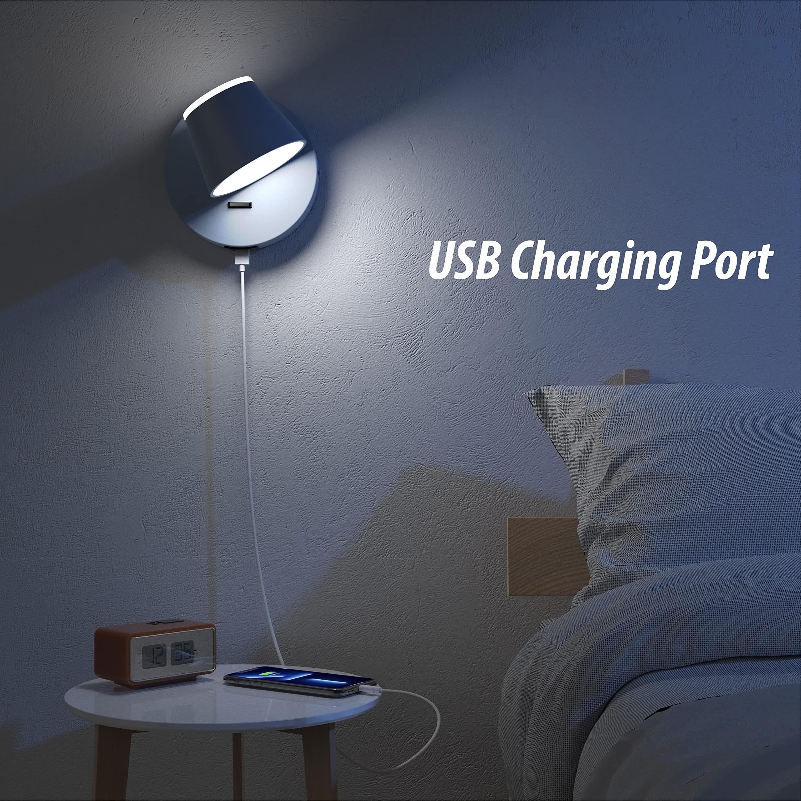URSOLA LED Wall Sconce Set of Two, Hardwired 2 PCS, Metal, Blue, USB Charging Port, Model 7540-1T