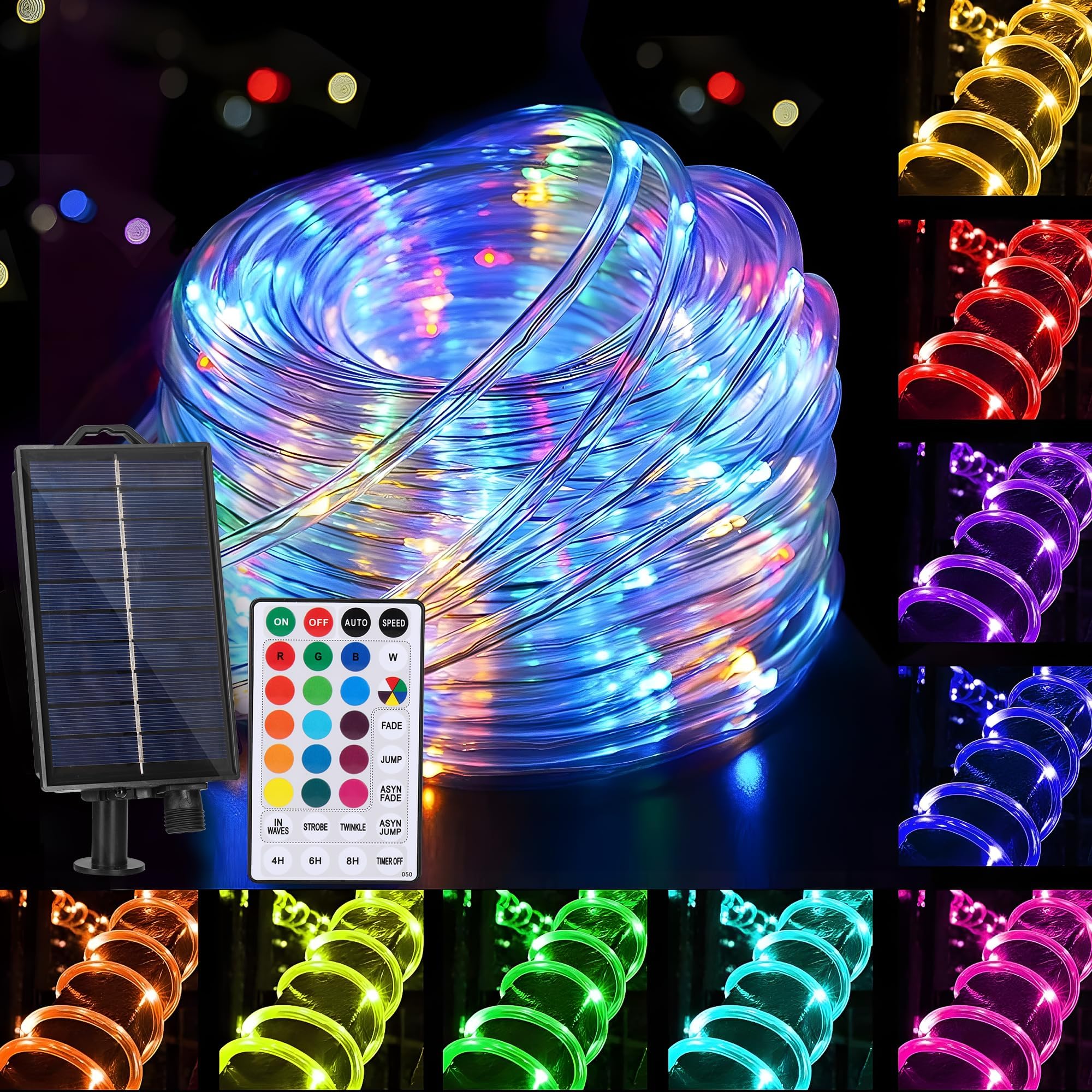 XEWEA Solar Rope Lights, 39Ft String Light, 66LED, 16 Colors, 20 Modes, Solar Powered, for Garden, Fence, Patio, Christmas, Solar-100R
