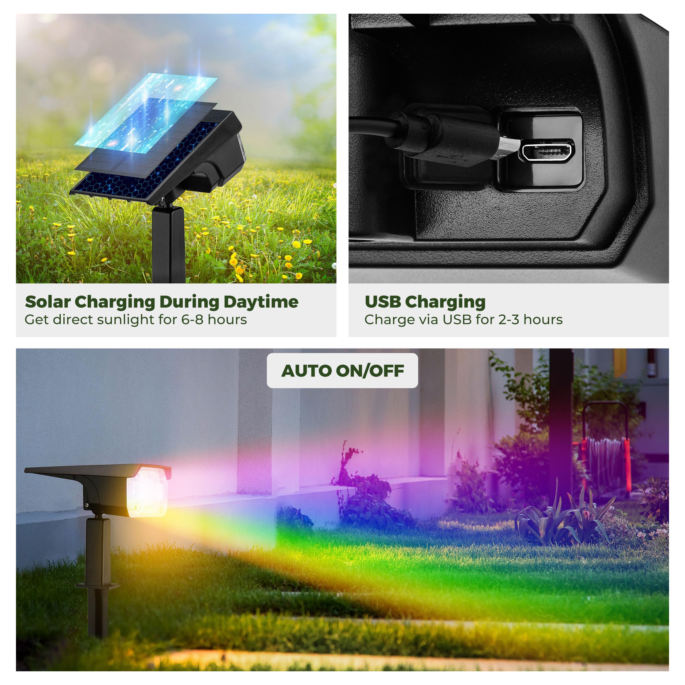 Kingsyard Solar Spotlight Outdoor, 47 LEDs, IP68 Waterproof, USB & Solar Powered, 4 Pack, Warm White