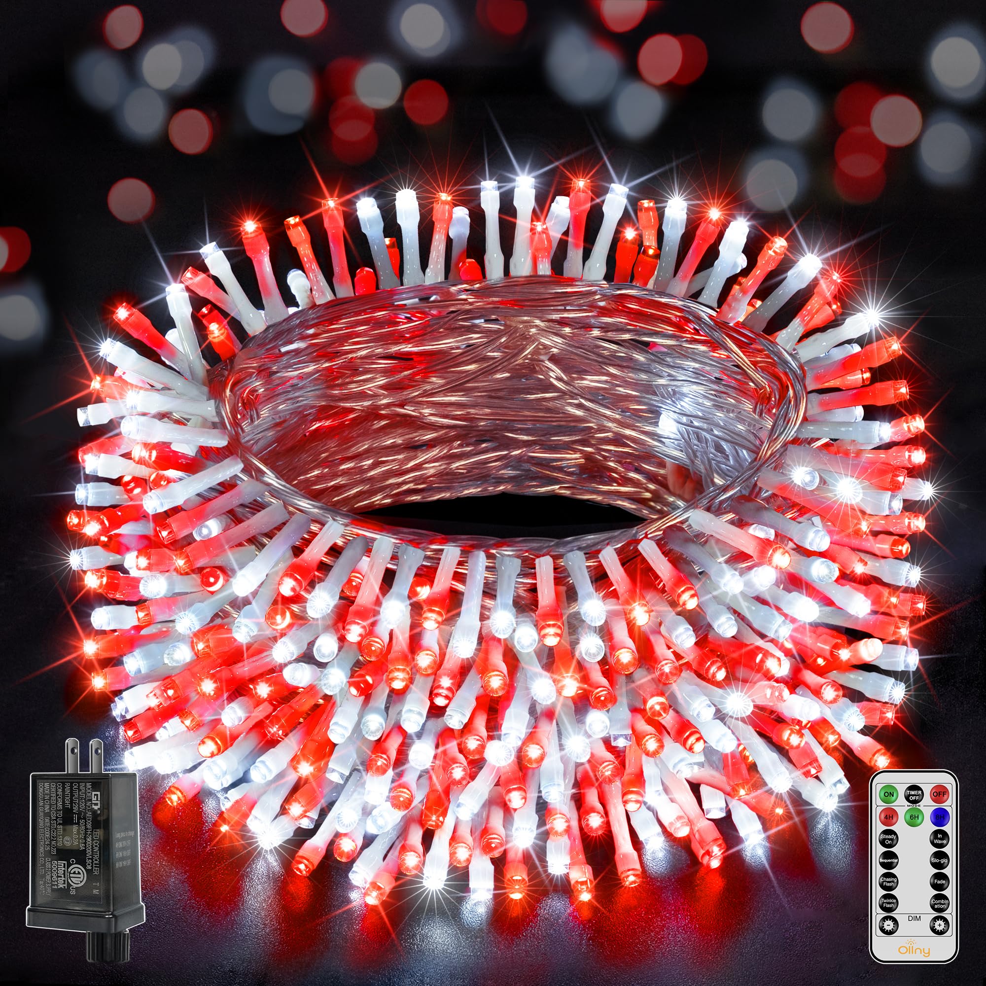 Ollny Christmas Lights Outdoor 800LED 262FT, Red and White Plug in Fairy Lights with Remote, 8 Modes Waterproof Timers Dimmable LED String Lights for Indoor House Outside Bedroom Patio Balcony
