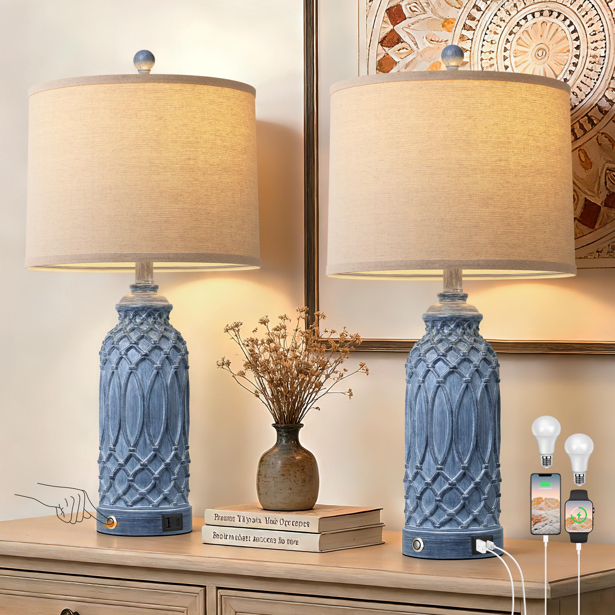 Woven Resin Table Lamps Set of 2, Farmhouse Table Lamps with USB Ports, Touch Button Switch Beside Lamps, Resin Desk Lamp, Linen