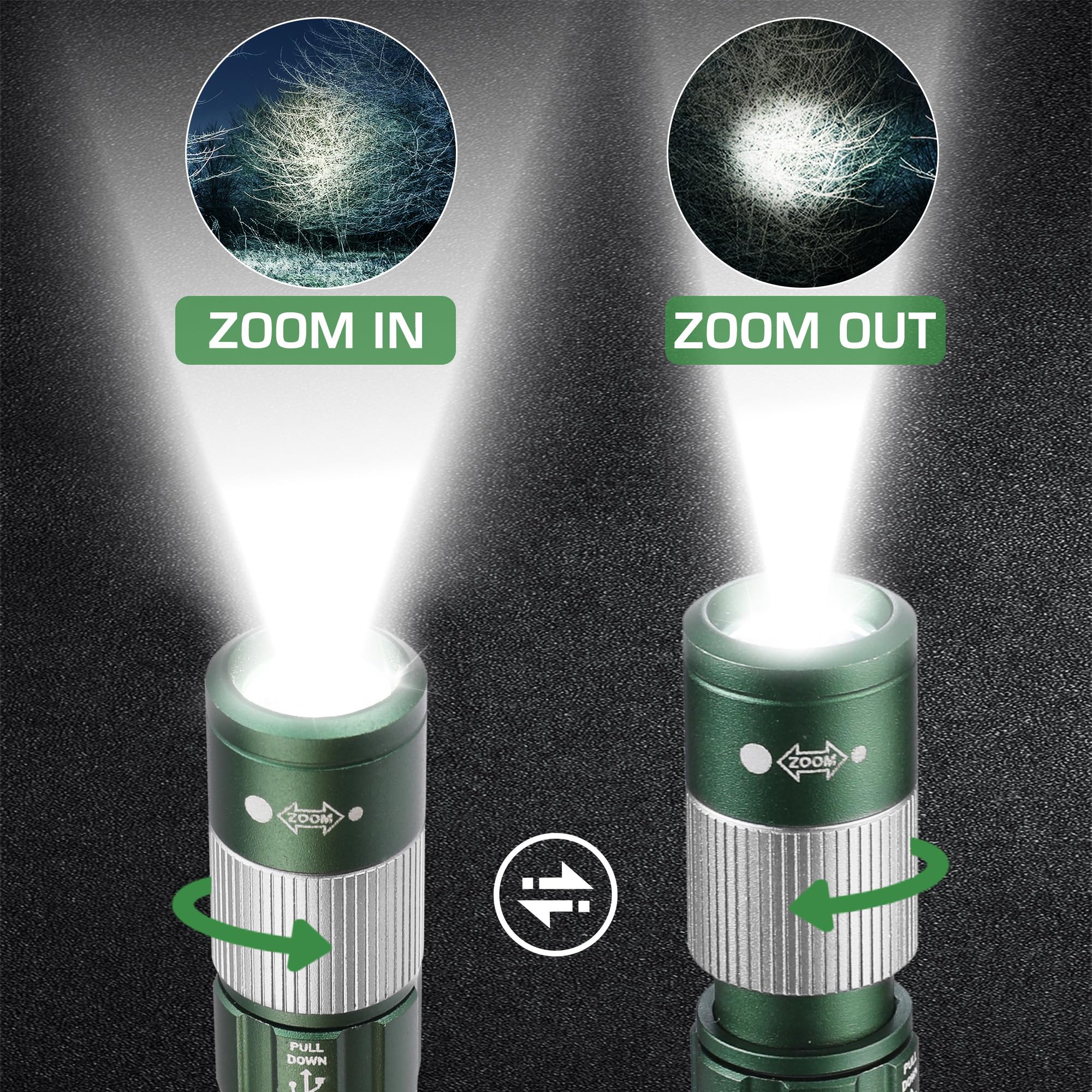 EverBrite Rechargeable Pen Light, 300 Lumens, Zoomable LED, Aluminum, Pocket Size, Green, Model E101123AE