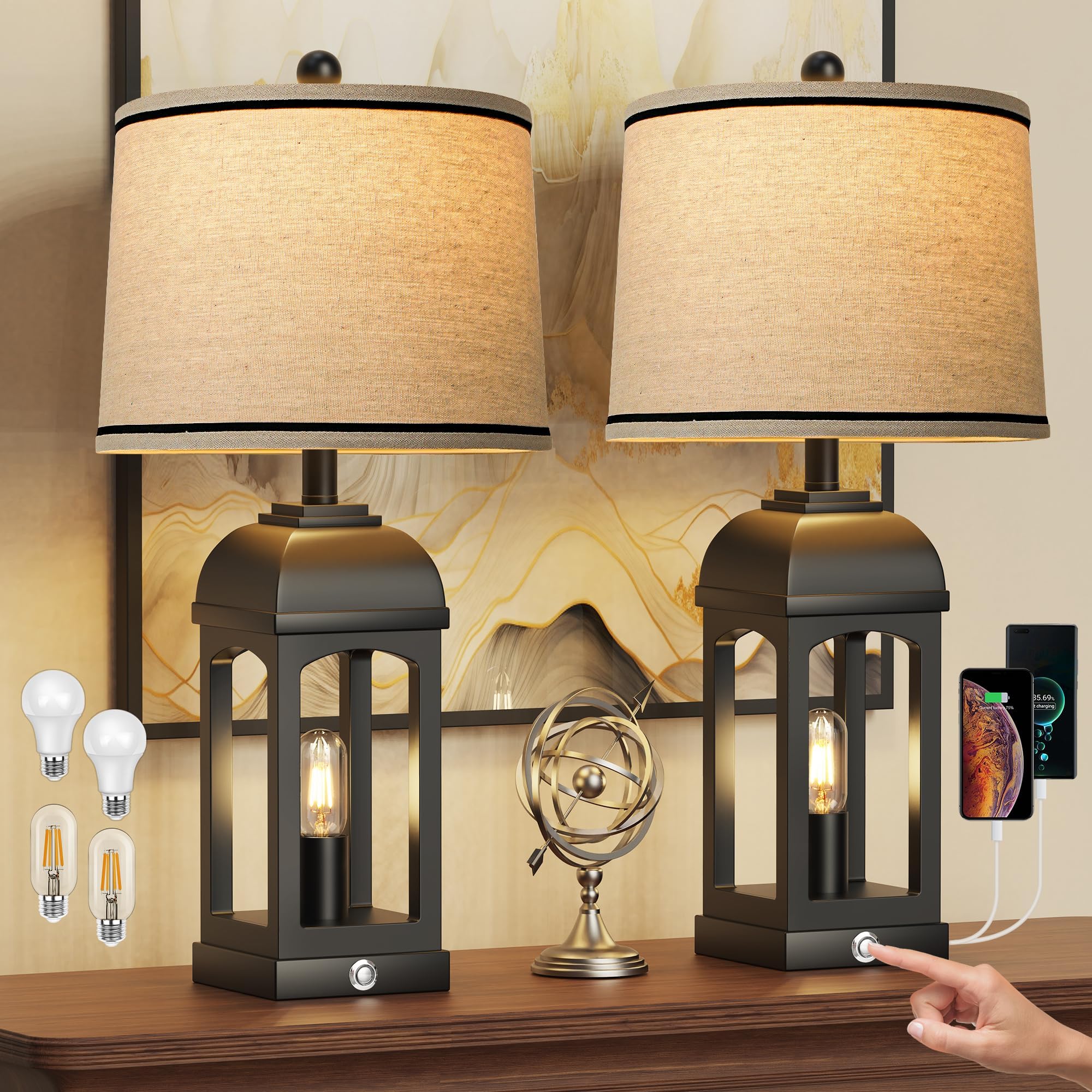 QiMH Table Lamp Set of 2, 26in Rustic Black Lamps with USB A+C, 3-Way Dimmable Touch Control, Nightlight for Living Room Decor