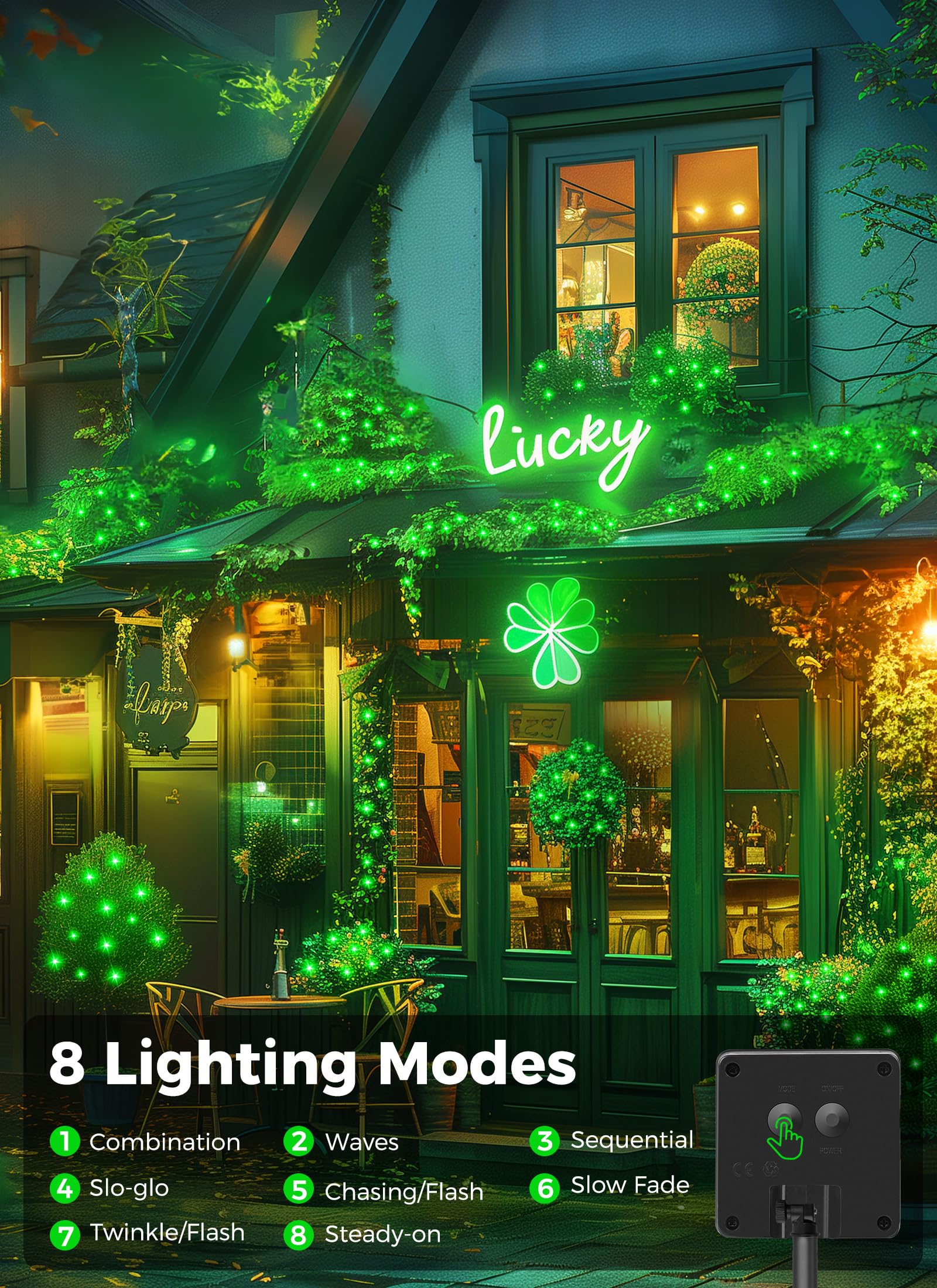 Minetom Solar String Lights Outdoor, 40Ft 100 Led String Lights Solar Powered With 8 Lighting Modes, Green String Lights For St Patrick Decoration, Waterproof Solar Lights For Outside Tree Yard, Green