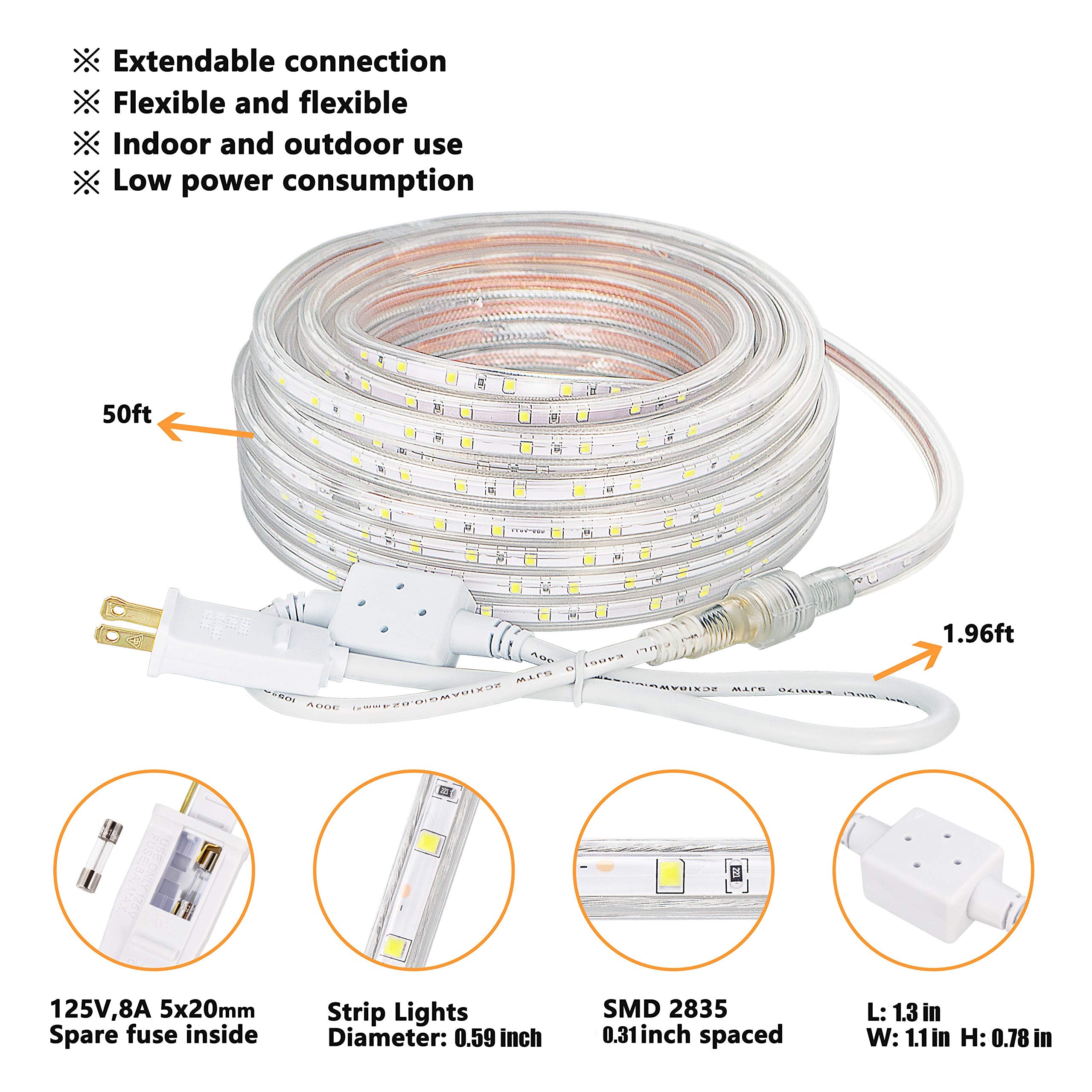 SURNIE 50ft LED Rope Lights, Waterproof Flexible Daylight White, PVC, Model SR11102-15-DW-NA for Outdoor Deck Patio Camping Decor