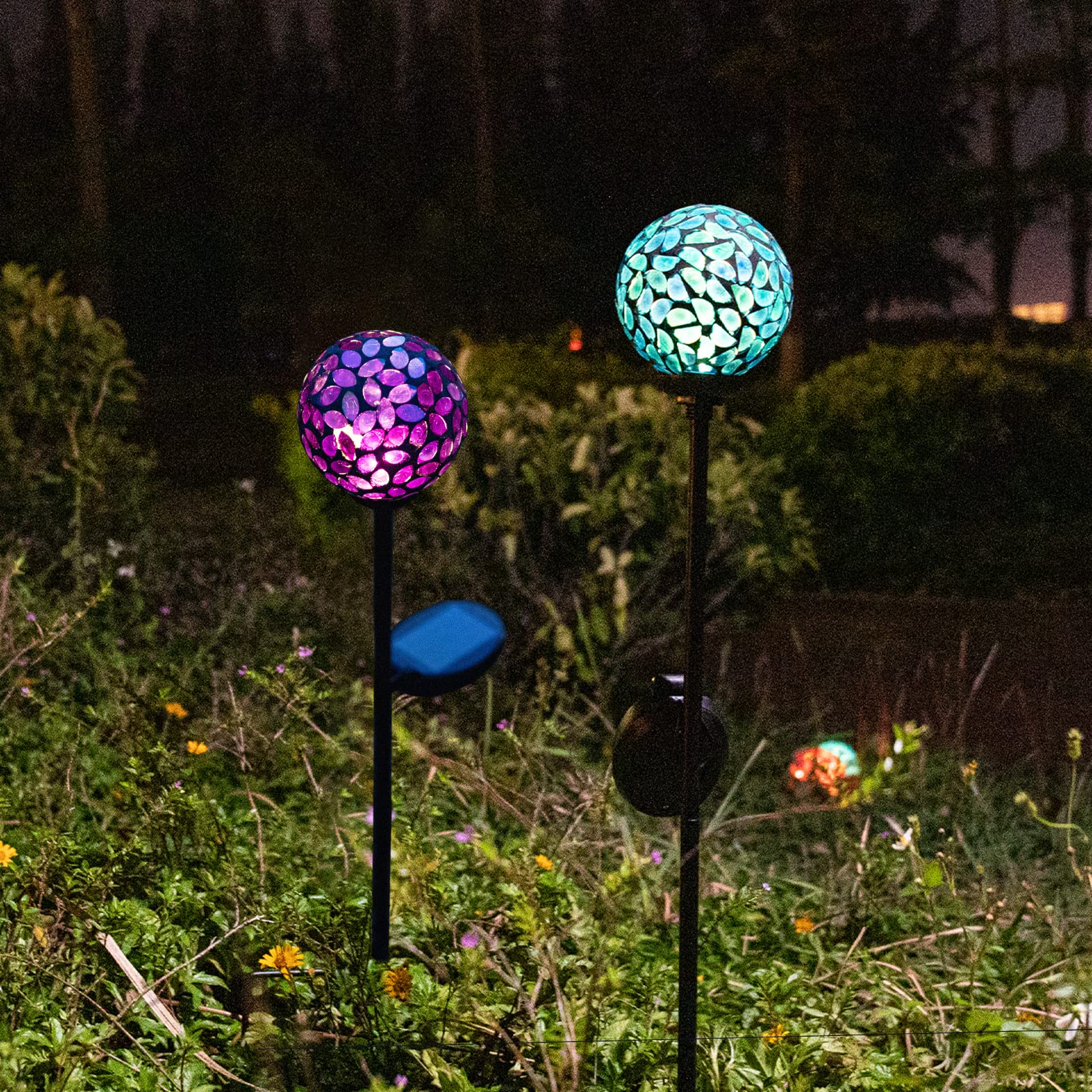 Vcuteka Mosaic Solar Garden Lights, Waterproof Led Pathway Stake, 2 Pack Blue & Purple