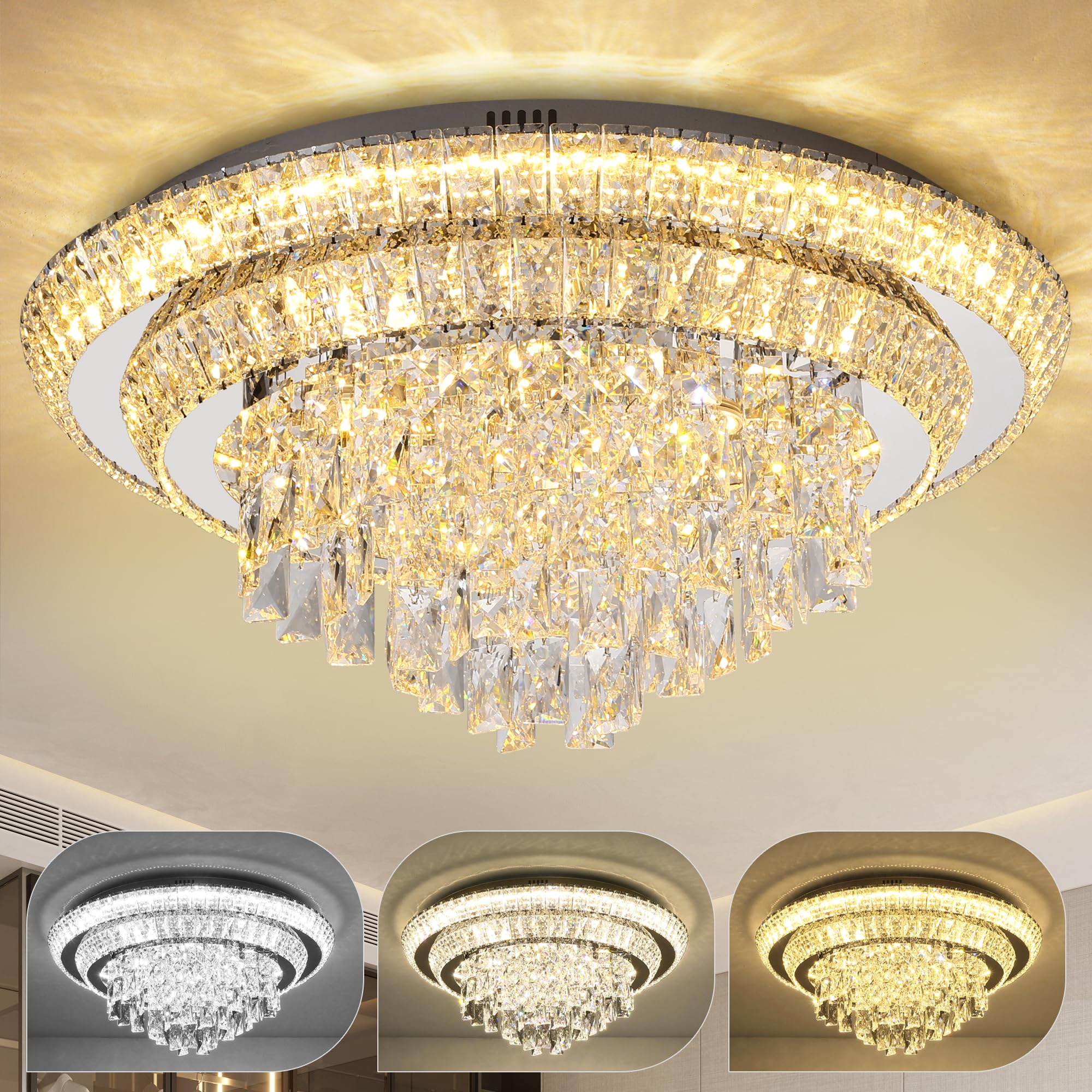 Cocostar Sliver Elegant Led Crystal Raindrop Ceiling Light, 24'' Modern Flush Mount Chandelier Light Fixture With Remote Control