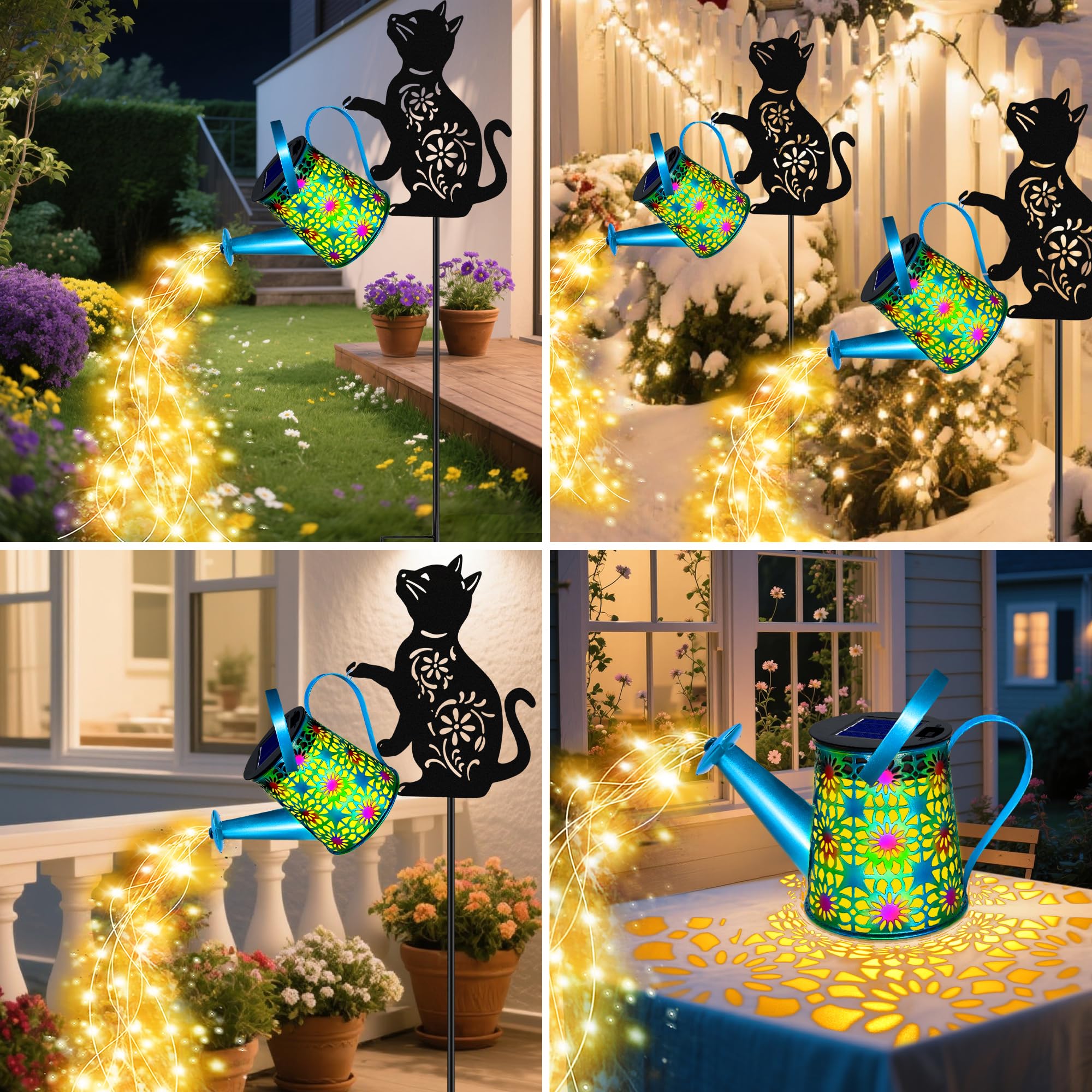 yulloyello Black Cat Solar Watering Can Lights, Blue Metal Lantern, Outdoor Waterproof Garden Decor, Model XSH6546