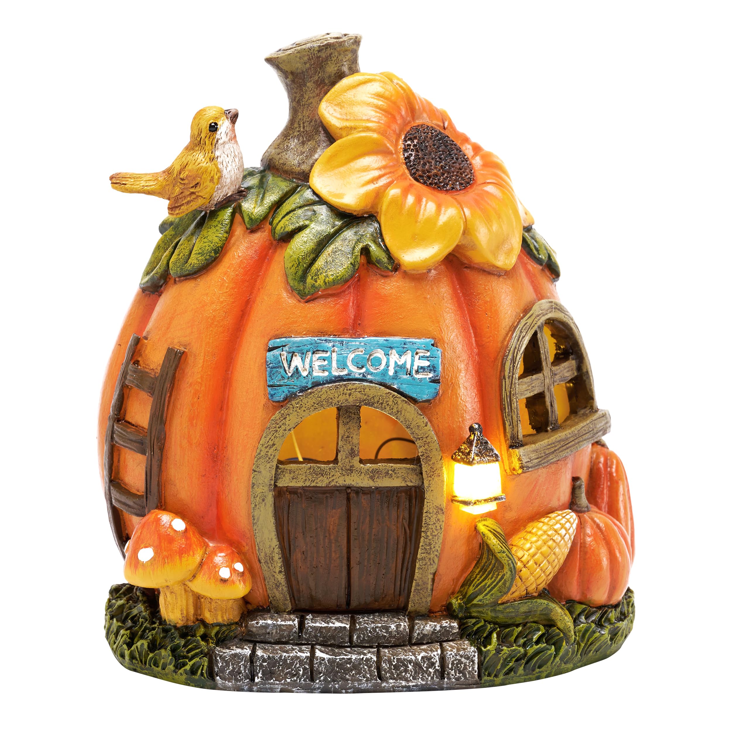 TERESAS COLLECTIONS Pumpkin Fairy House with Solar Lights, 7.6in Waterproof Resin Fall Decor, Orange
