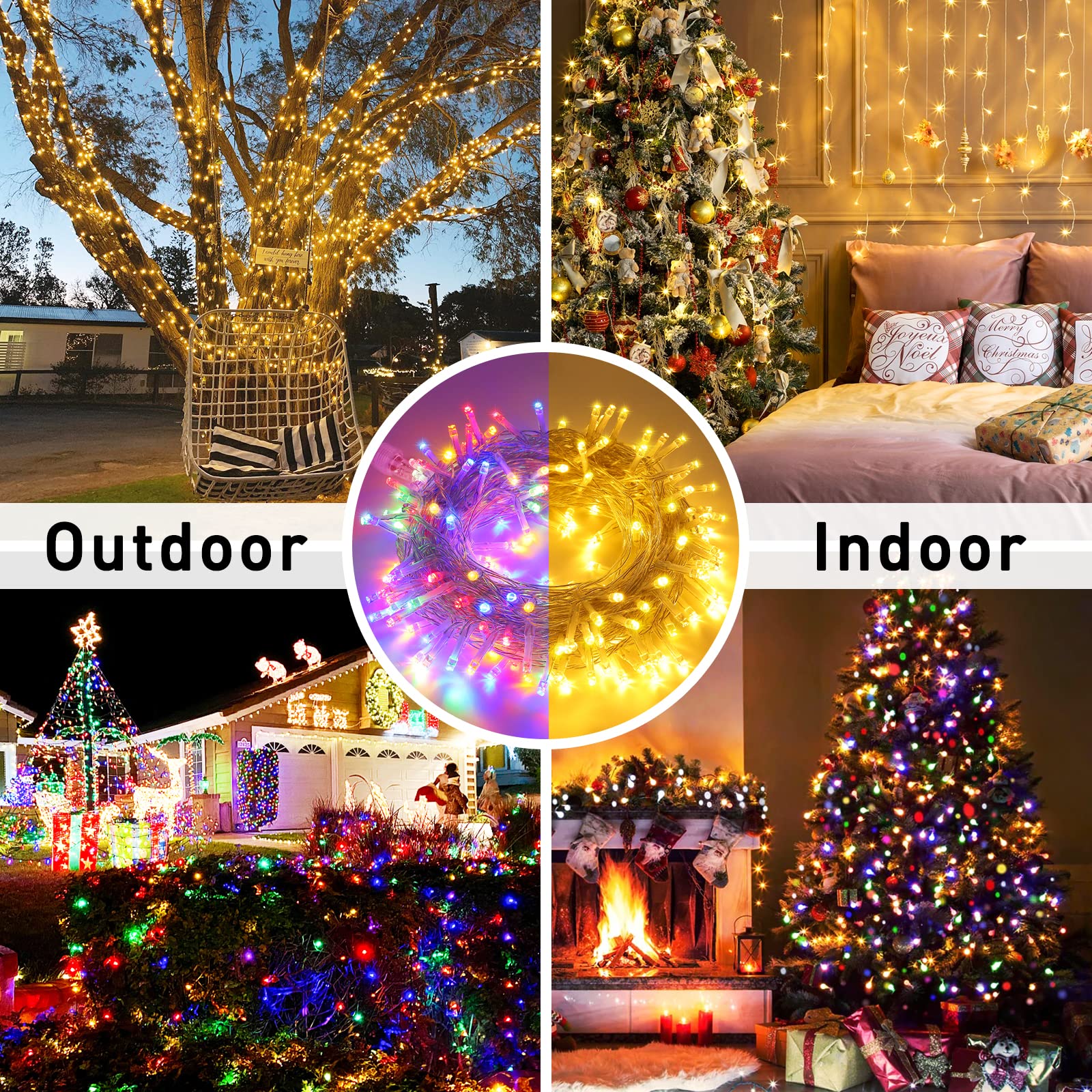 Jmexsuss 200 Led Color Changing String Lights Indoor Plug In, Warm White & Multicolor Christmas Lights Outdoor Clear Wire, 66Ft
