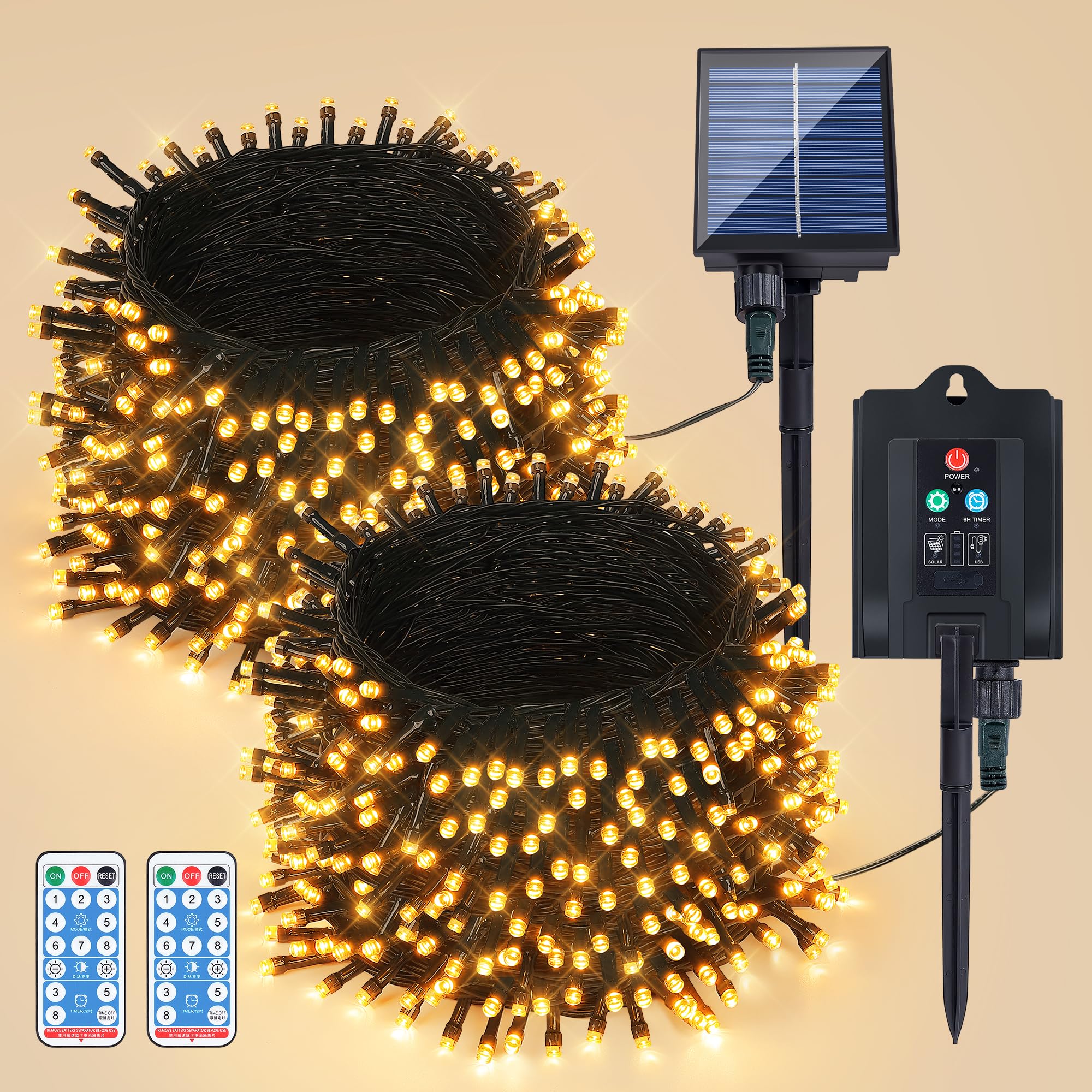 woohaha 2 Pack Solar Outdoor String Lights,Each 72ft 200 LED Solar Christmas Lights with Remote and Timer, 8 Modes Twinkle Solar