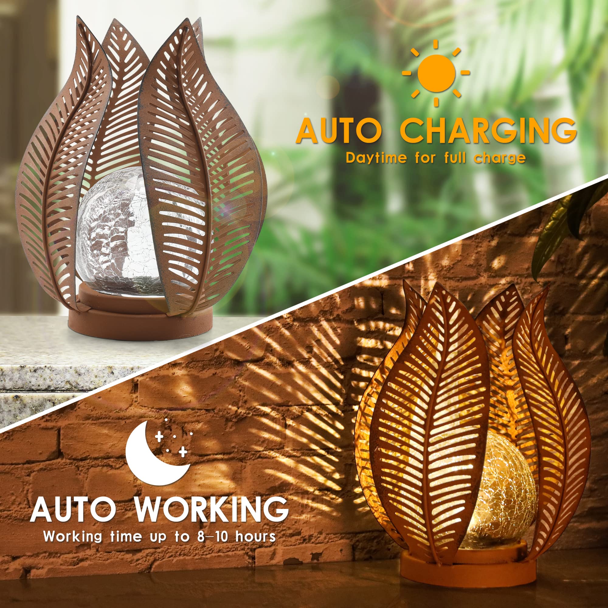 QZGE Solar Outdoor Lights, Waterproof  le Glass Globe, Metal Yard Art, Rust Finish, Model 03