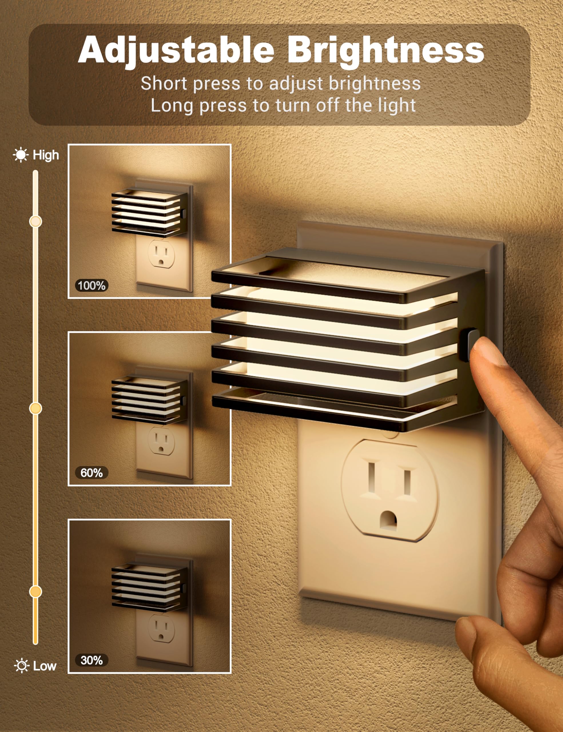 JandCase LED Night Light 2 Pack, Dimmable with Dusk to Dawn Sensor, 3000K Soft White, Warm Black Shade, Model C-GY14002US-2
