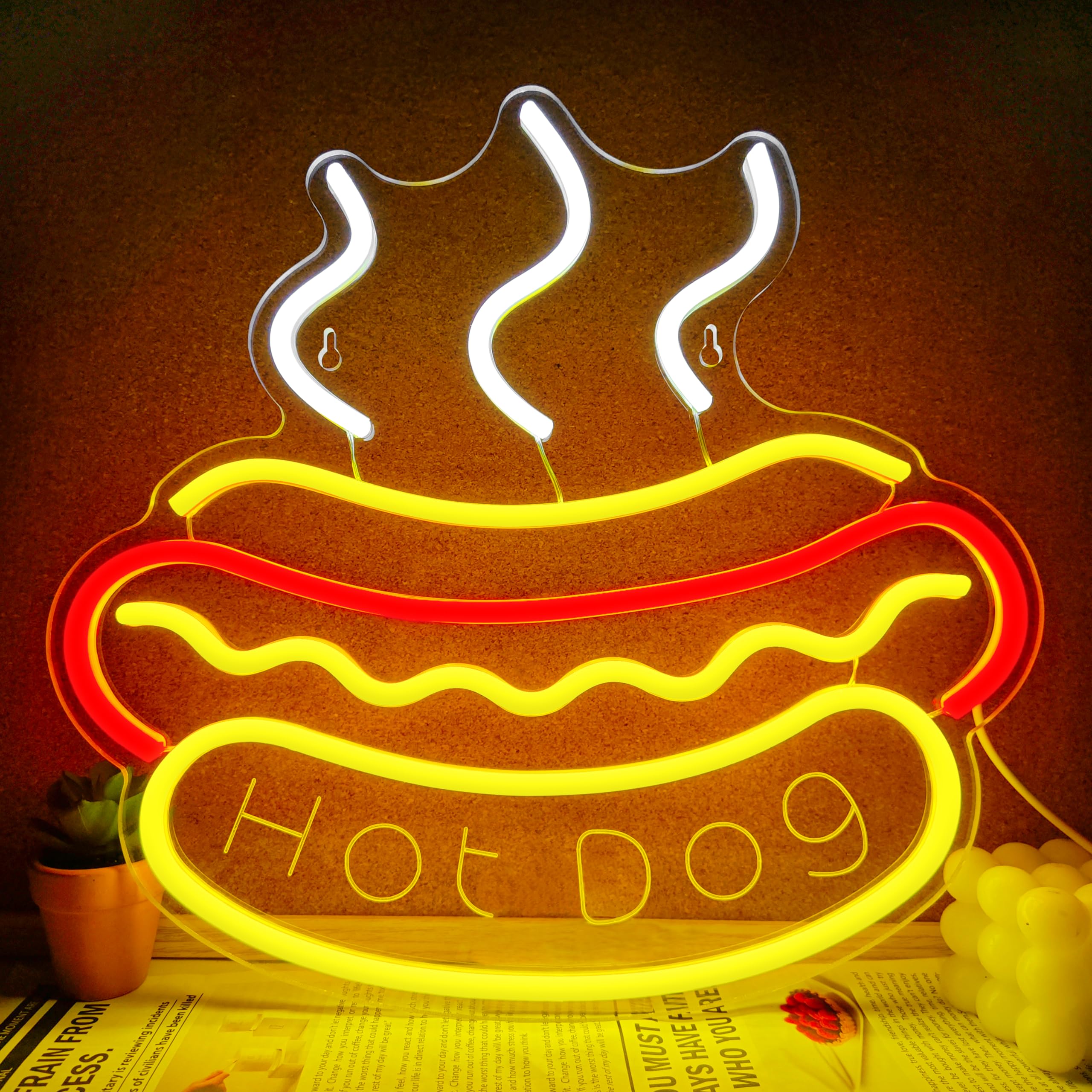 VIKLIU Hot Dog Neon Sign - Dimmable LED Light for Fast Food Shops, 12.99x12.2 inches, Yellow, Model LG-01, Acrylic Material