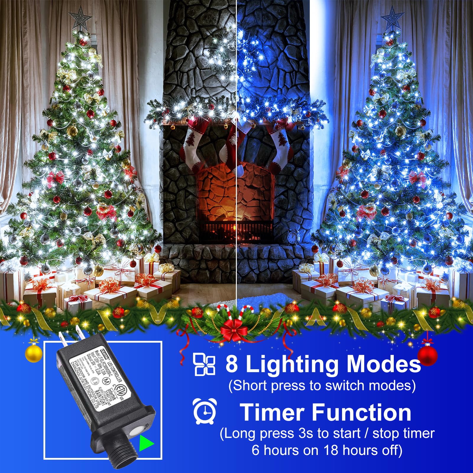 2 Pack Christmas Lights Outdoor, Total 200Ft 600 Led Christmas Tree Lights With 8 Modes Waterproof, Plug In String Twinkle Light