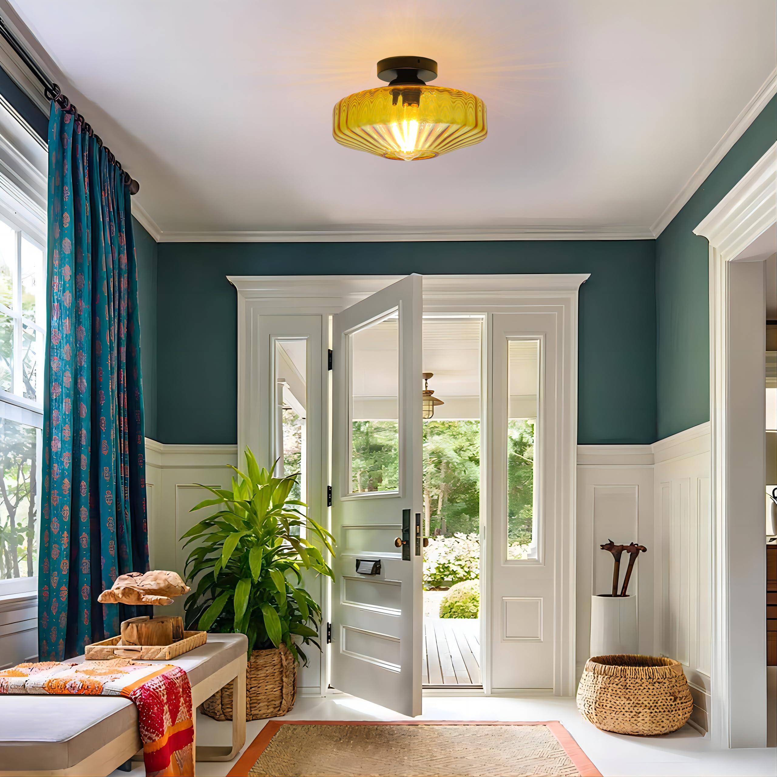 Fctwaks Semi Flush Mount Ceiling Light, 11.8'' Mid Century Modern 1-Light Close To Ceiling Light Fixtures With Drum Amber Glass