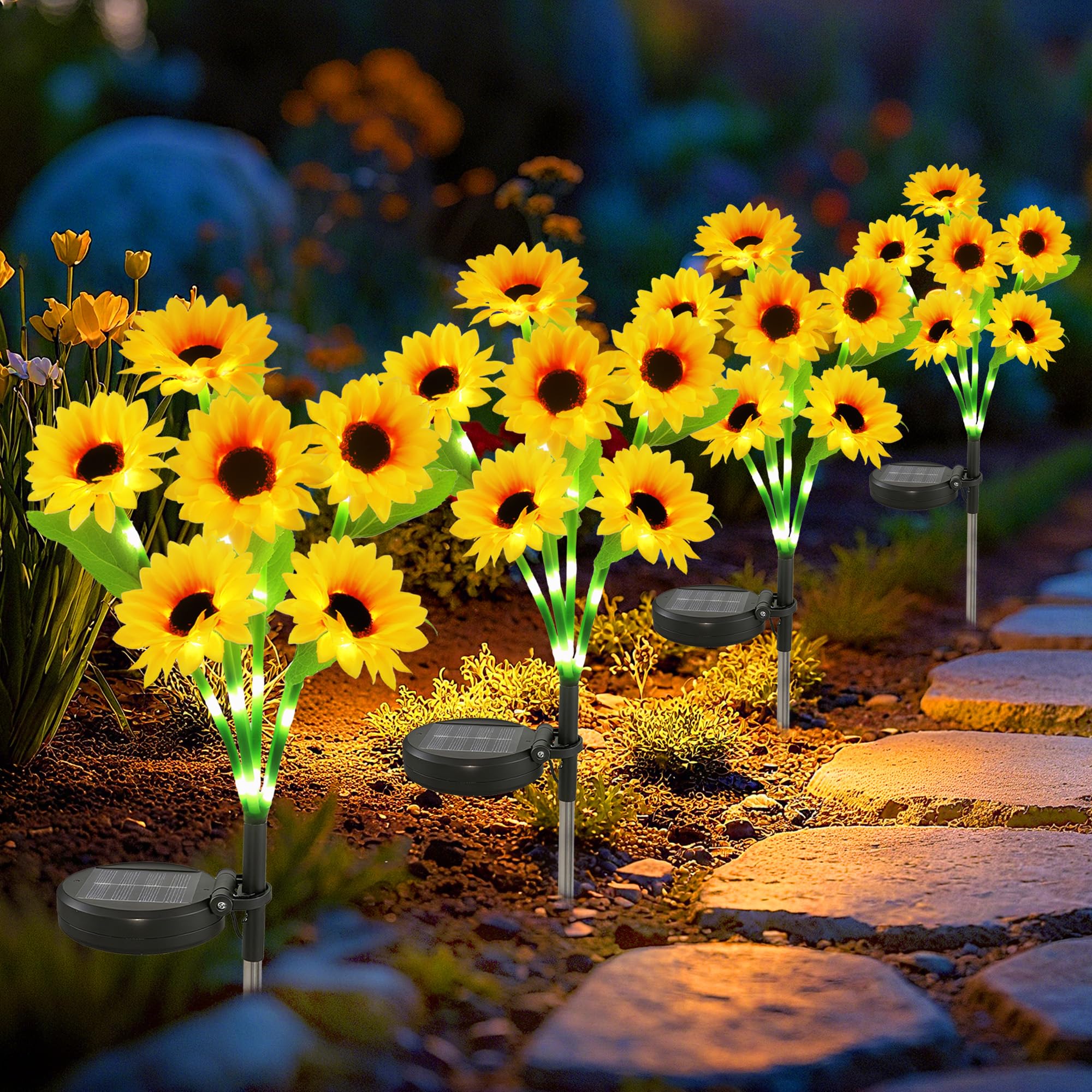 Anothera 4Pcs Solar Sunflower Lights Features Flashing or Steady-on Modes, Waterproof Sunflower Garden Lights for Outdoor Patio,
