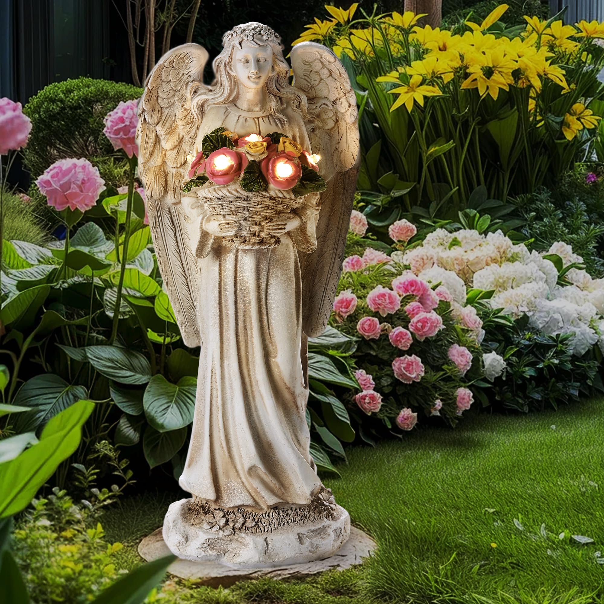 FHWTY Solar Angel Garden Statue Outdoor Holding Flowers  11.2in Waterproof Garden Figurines for Patio  Balcony  Lawn  Yard or Outdoor Garden Decoration