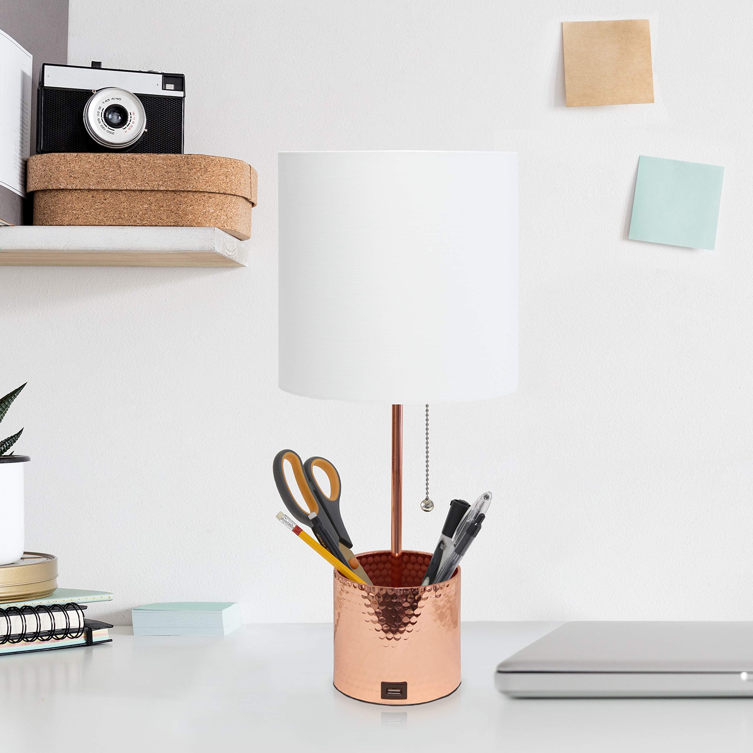 Simple Designs Lt1085-Rgd Hammered Metal Organizer Table Lamp With Usb Charging Port And Fabric Shade, Rose Gold
