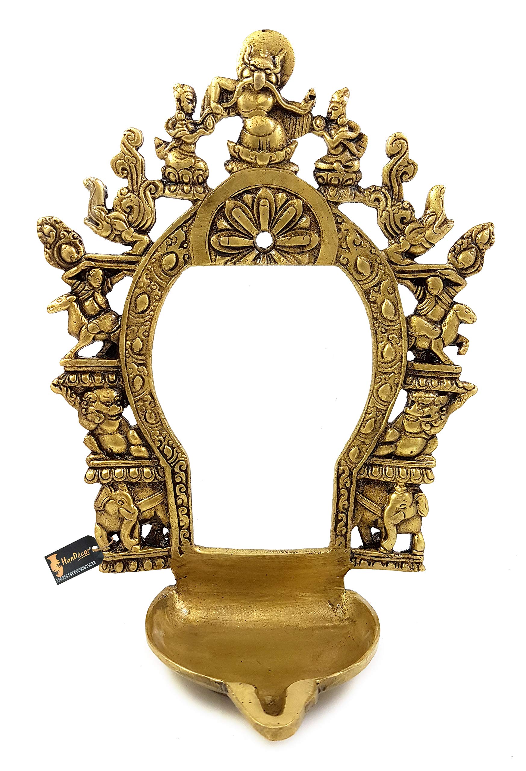 Two Moustaches Ethnic Carving Brass Prabhavali Frame with Diya (Antique Yellow)
