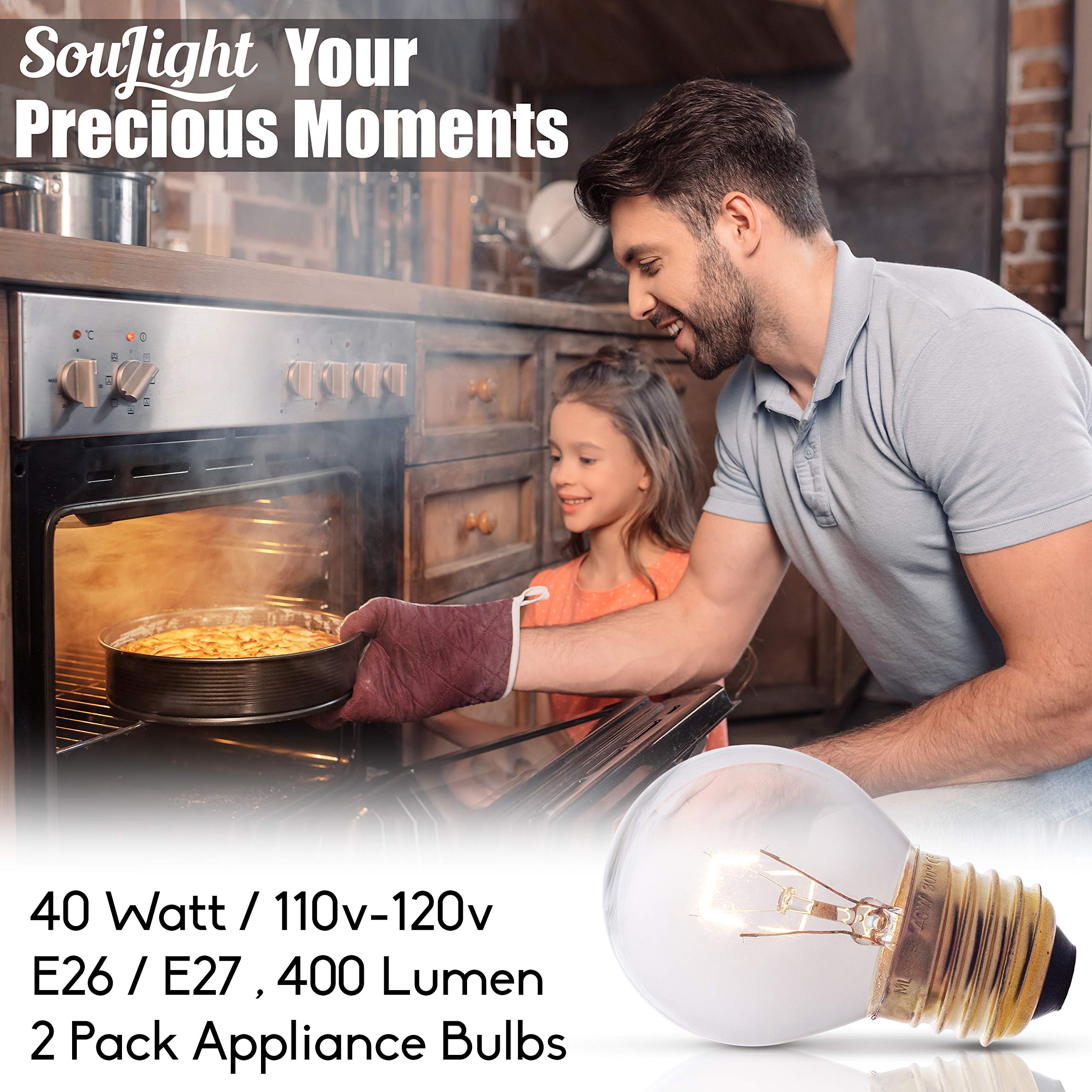 Soulight Oven Light Bulbs – 40W Incandescent, Warm White, G45 E26/E27, 400 Lumens, 2 Pack