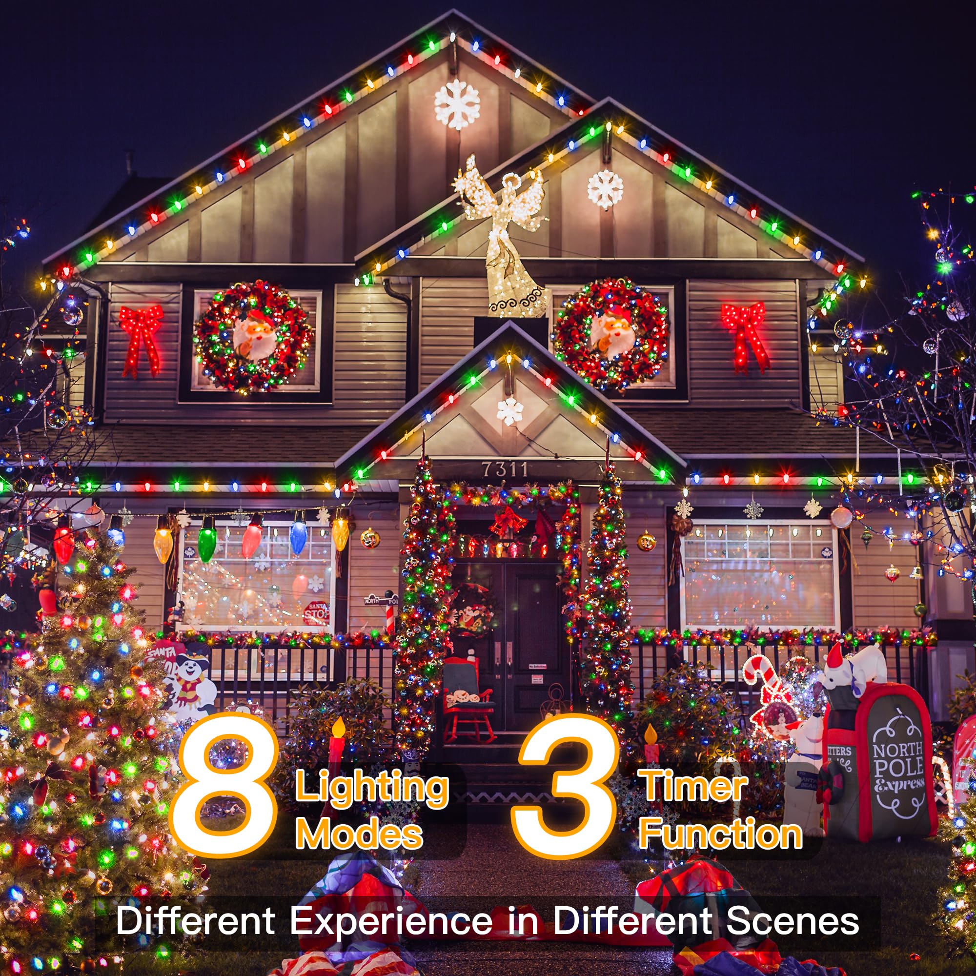 Ollny 198 FT 600 LED Multicolor Waterproof Christmas Lights with Remote Timer, 8 Modes for Indoor/Outdoor Xmas Decorations