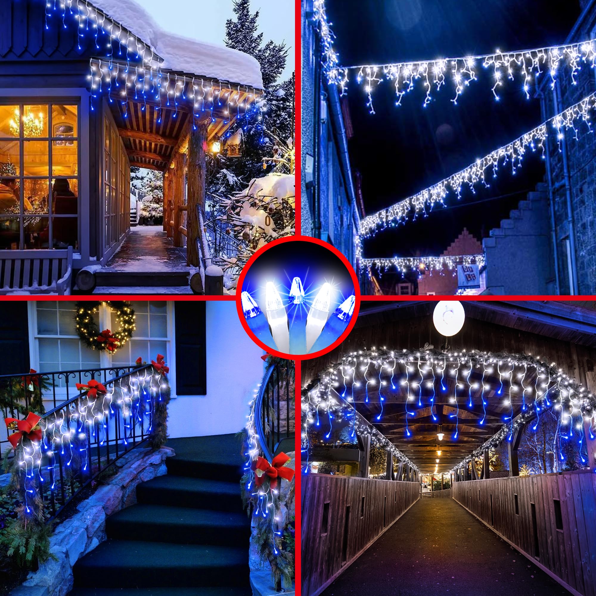 QUHUATU 1296LED Christmas String Lights, 131ft, 288 Drops, 8 Modes, Waterproof, Blue & Cool White