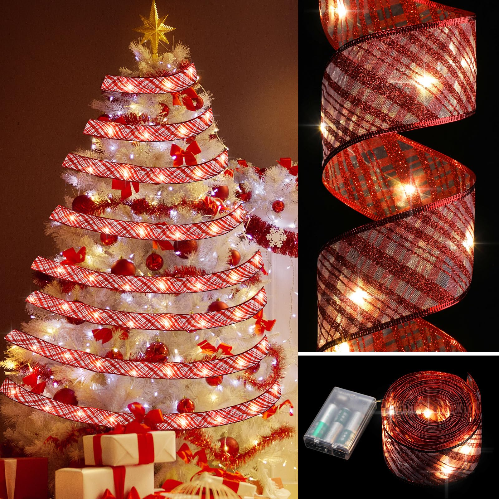 Christmas Ribbon Lights Christmas Lights 16.4 ft Glow Christmas Tree Ribbon Battery Operated Indoor String Lights for Outdoor Xmas Holiday Party Wedding Garland Lighted Decoration (Red Stripe)