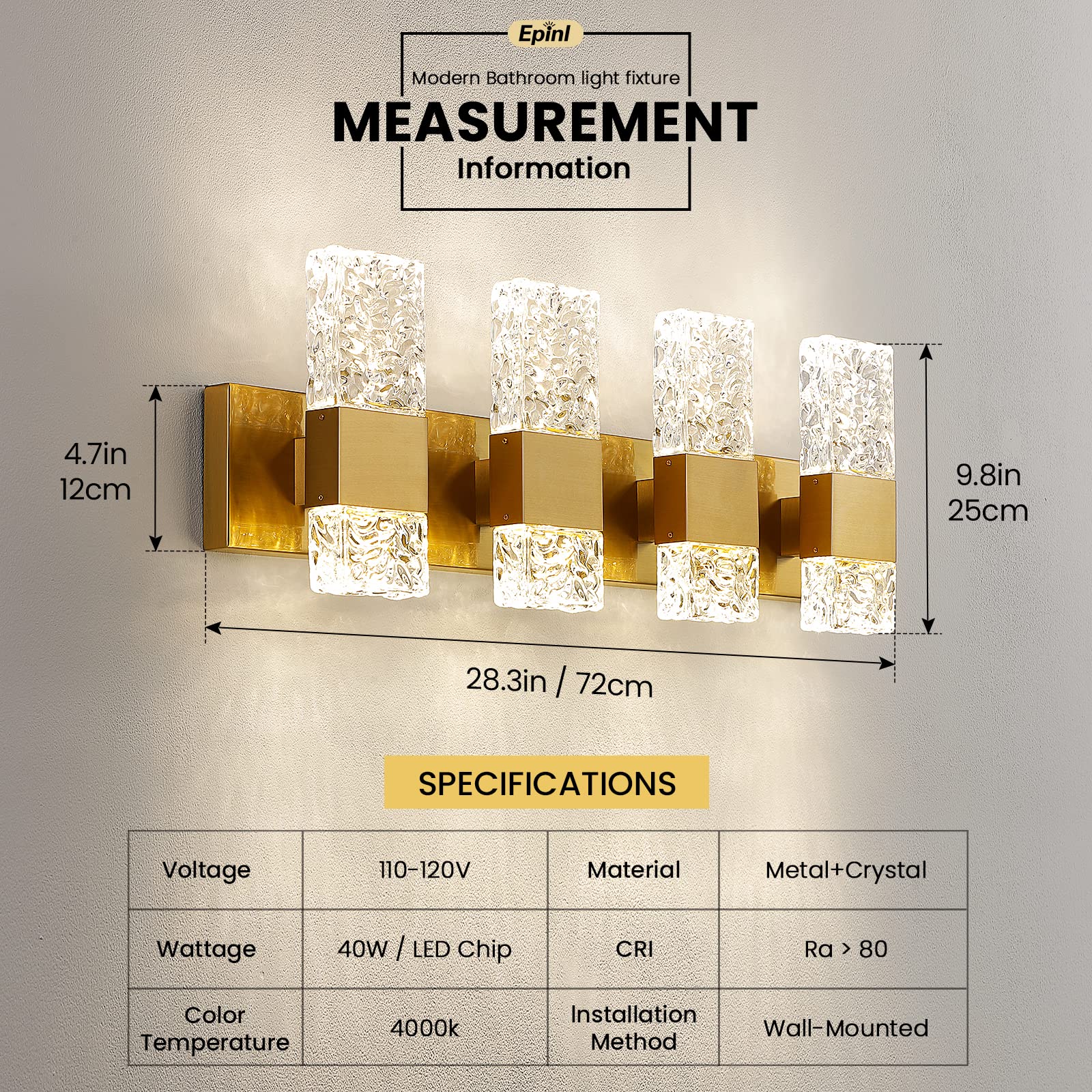 Epinl 4-Light Gold Bathroom Vanity Light Fixtures, Brushed Gold Iron & Crystal Wall Sconces, Model 8013WL-04GD-US, Modern 4000K LED