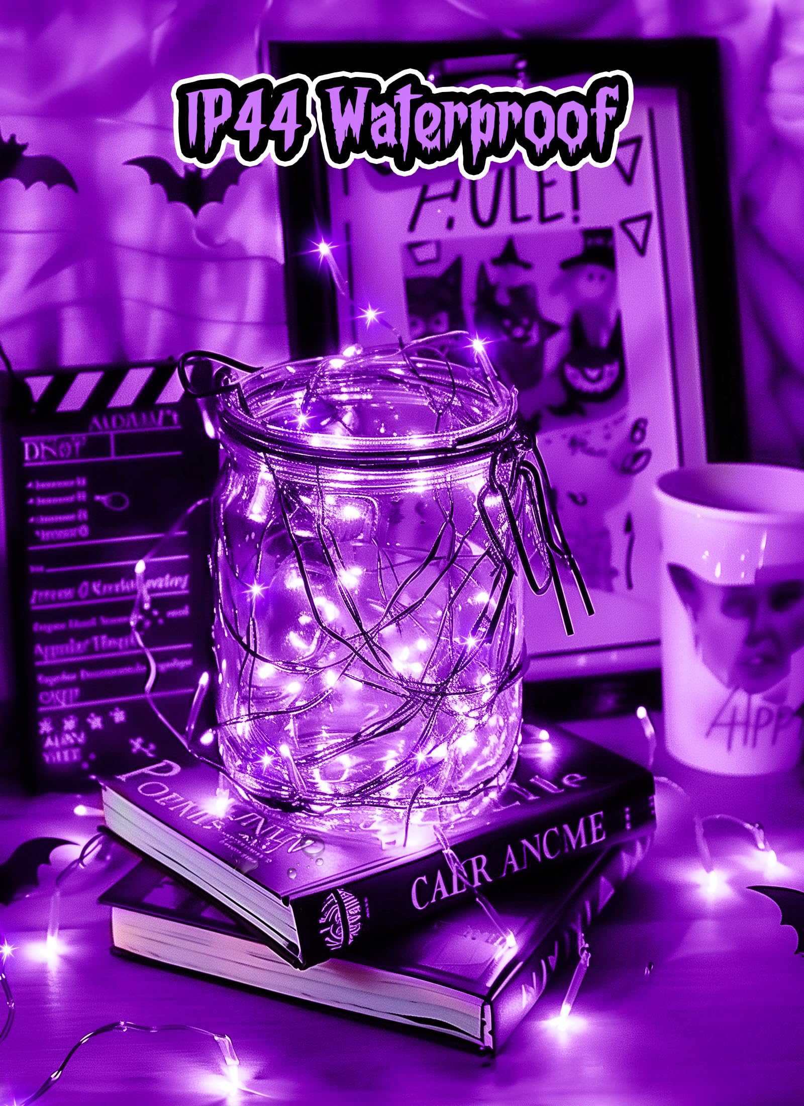 Minetom 33Ft 100 Led Purple Fairy Lights, Battery Operated, Waterproof Copper Wire For Halloween Decorations