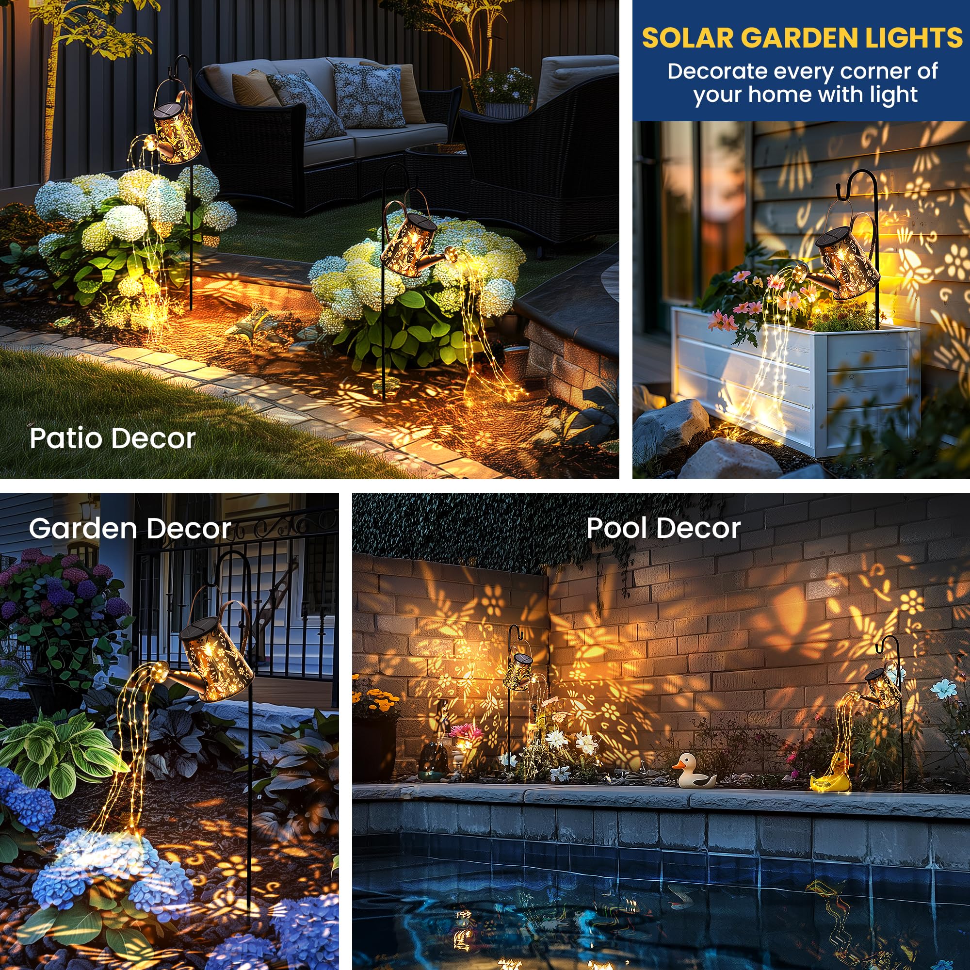 PATIOPIA Solar Lights Outdoor Garden Lanterns, Large Watering Can Decor, Gold, Metal, 2 Pack, Model 9204