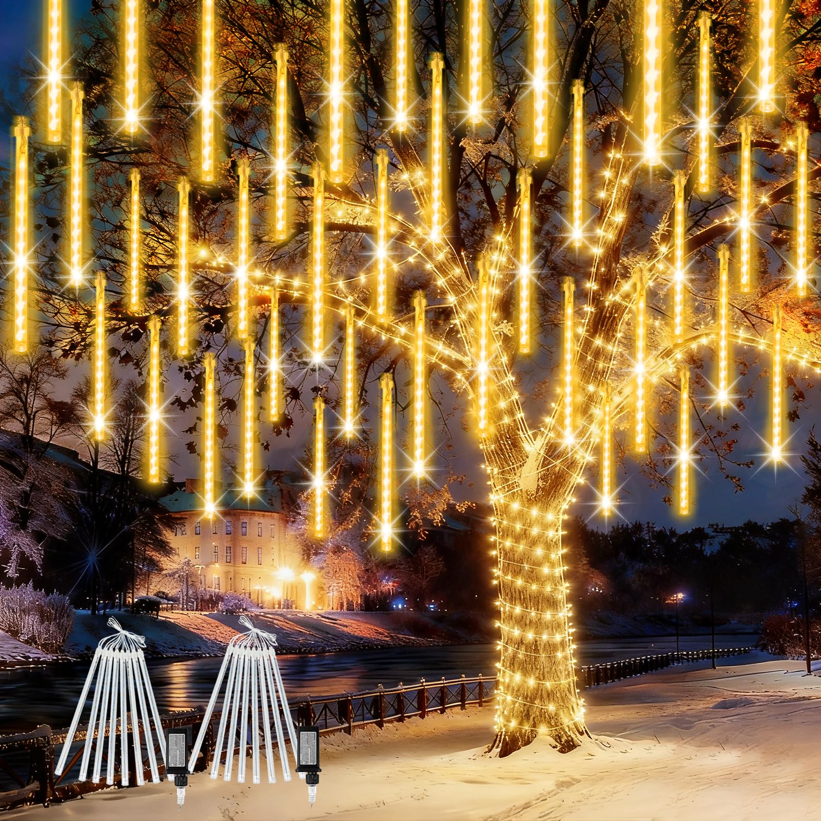 2-Pack Extendable Meteor Shower Christmas Lights Outdoor  16 Tubes 384 Leds Waterproof Falling Rain String Lights  Christmas String Lights Outdoor For Tree Patio Garden Holiday Decorations(Warm White)