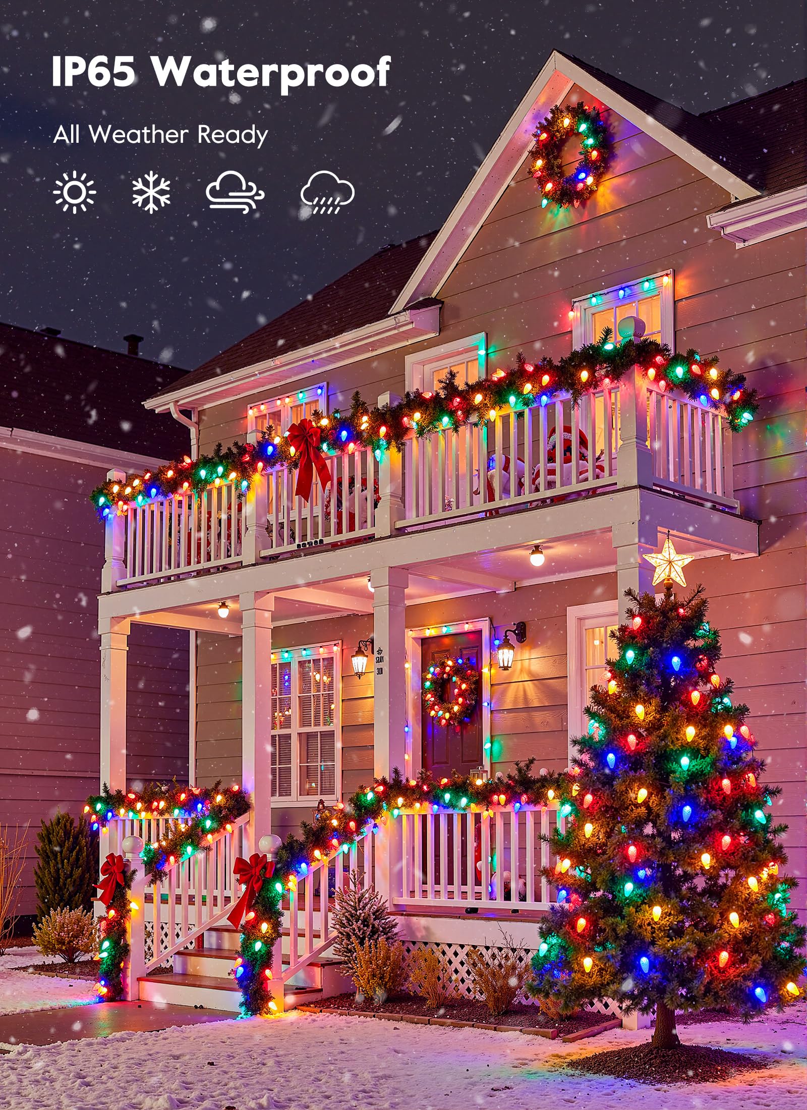 Brightown C9 Christmas Lights Outdoor  114Ft 150 Led Multicolor String Lights With Timer  8 Modes  Plug-In Ul Listed Waterproof Connectable Christmas Tree Lights For House  Roof  Garden  Patio Decor