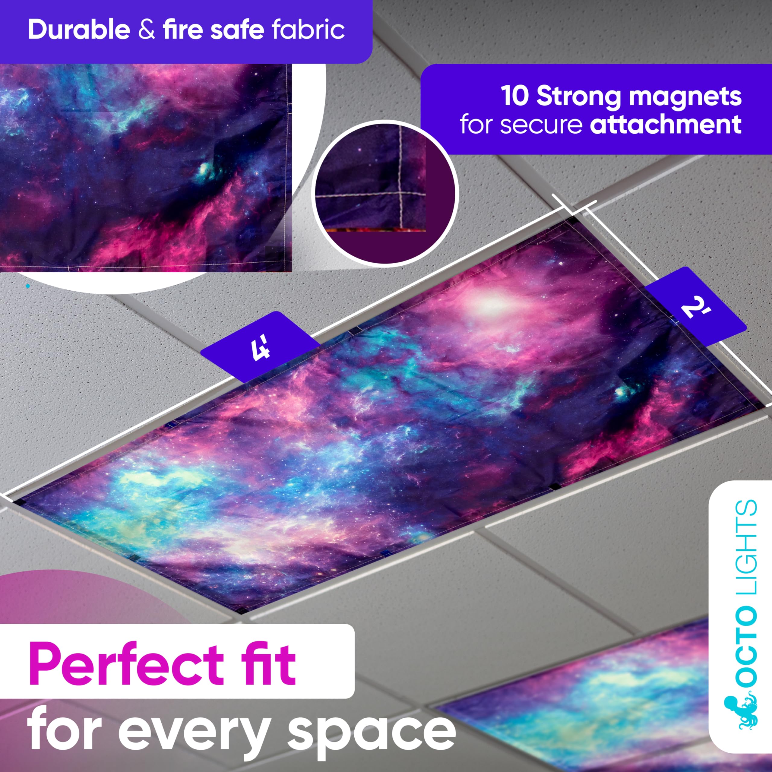 OCTO LIGHTS Magnetic Fluorescent Light Covers - 2x4, 100% Polyester, Purple Nebula, Model Star 001, Pack of 4