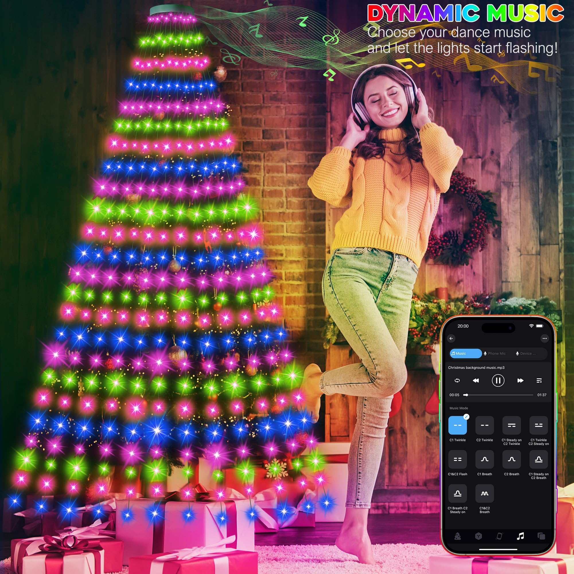 30+ Modes Ring Christmas Tree Lights Indoor Outdoor - 7.5Ft X 12 Lines 336 Led Easy App Control Color Changing Timer Remote Waterproof For 6 7 Ft Xmas Trees (Cool White To Multicolor)