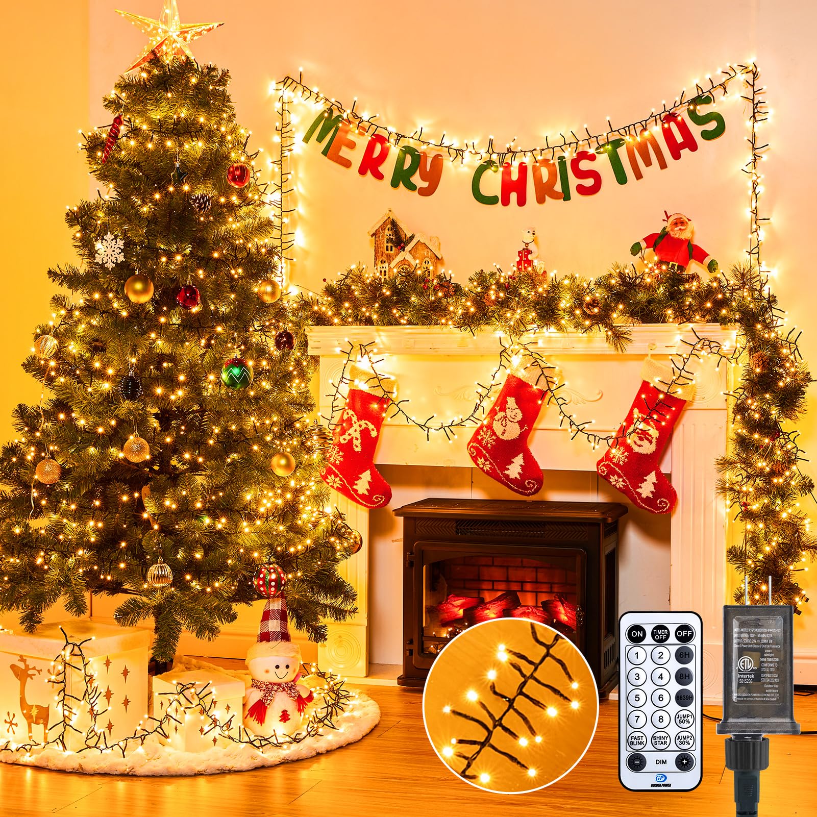 Minetom 1000 LED Cluster Lights, 50 Ft Warm White String Light, 12 Modes, Remote, Waterproof for Christmas Tree, Garland, Party